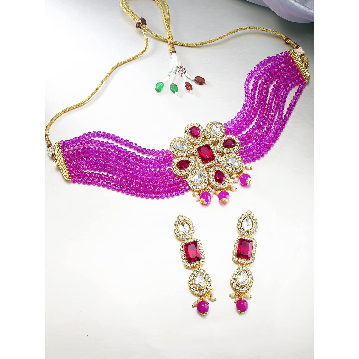 Peora Womens Shining Crystal Beaded Adjustable Choker Necklace, Earring Jewellery Set