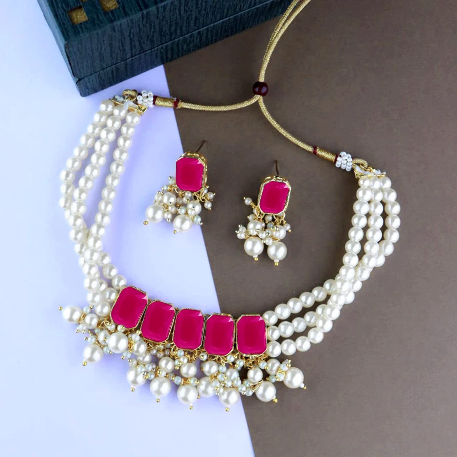 I Jewels 18K Gold Plated Traditional Stone Studded Multi Layered White Pearl Choker Necklace Jewellery Set with Earrings for Women And Girls (IJ355Q)