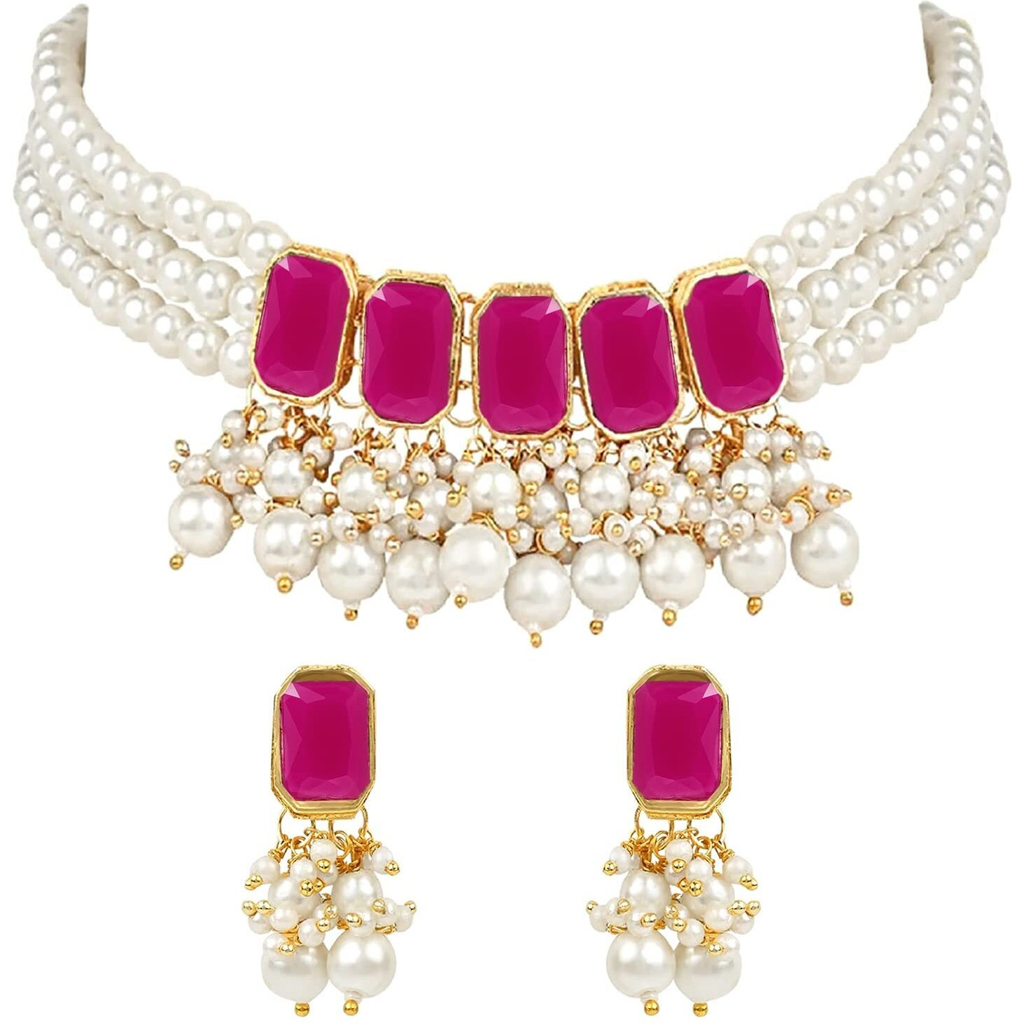 I Jewels 18K Gold Plated Traditional Stone Studded Multi Layered White Pearl Choker Necklace Jewellery Set with Earrings for Women And Girls (IJ355Q)