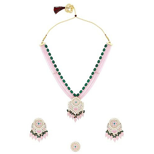 ZAVERI PEARLS Pink Green Multistrand Crystal Meenakari Necklace Earring Ring Set For Women-ZPFK15916