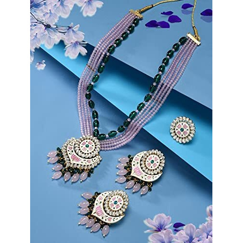 ZAVERI PEARLS Pink Green Multistrand Crystal Meenakari Necklace Earring Ring Set For Women-ZPFK15916