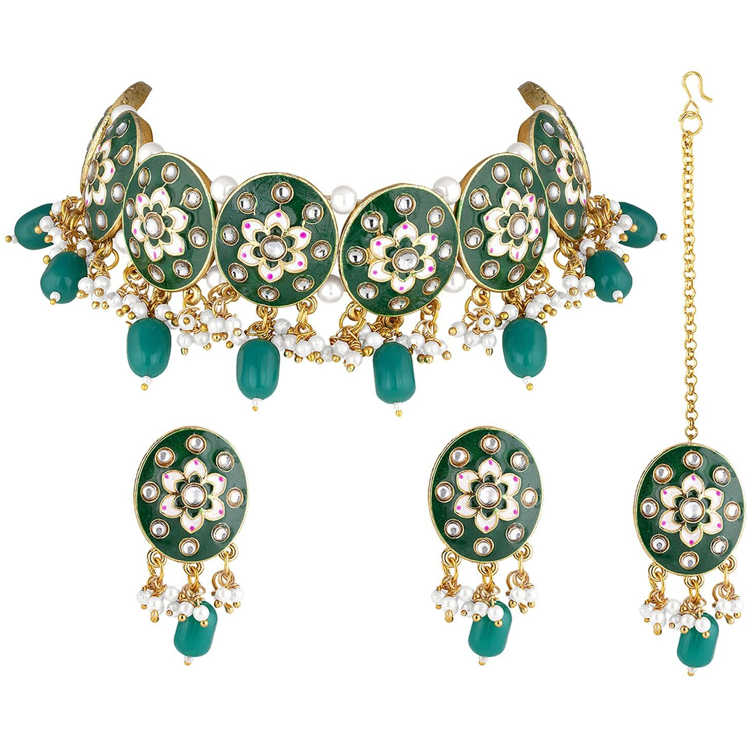 Peora Gold Plated Green Meenakari Enamel Choker Necklace Fashion Jewellery Set for Women
