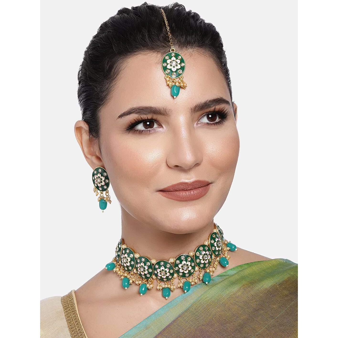 Peora Gold Plated Green Meenakari Enamel Choker Necklace Fashion Jewellery Set for Women