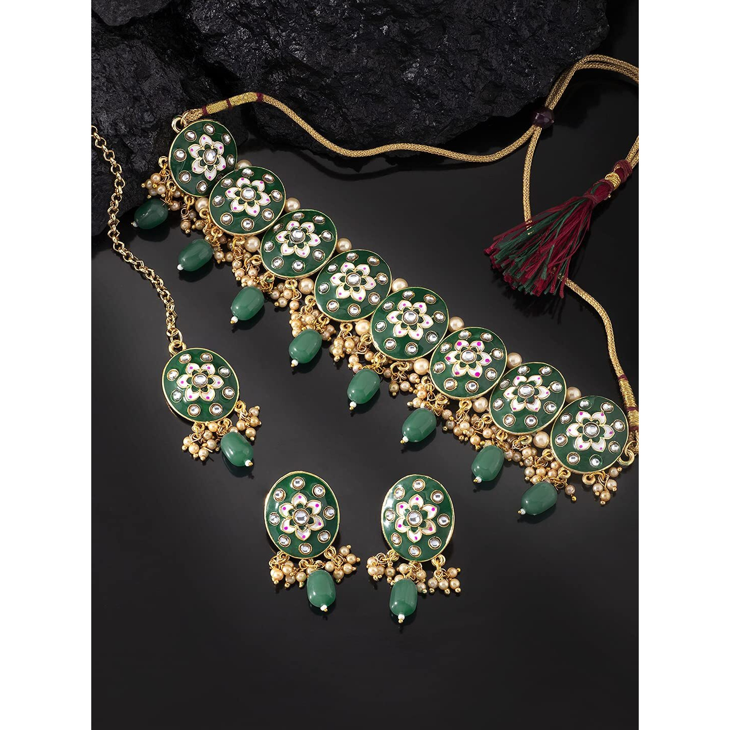 Peora Gold Plated Green Meenakari Enamel Choker Necklace Fashion Jewellery Set for Women