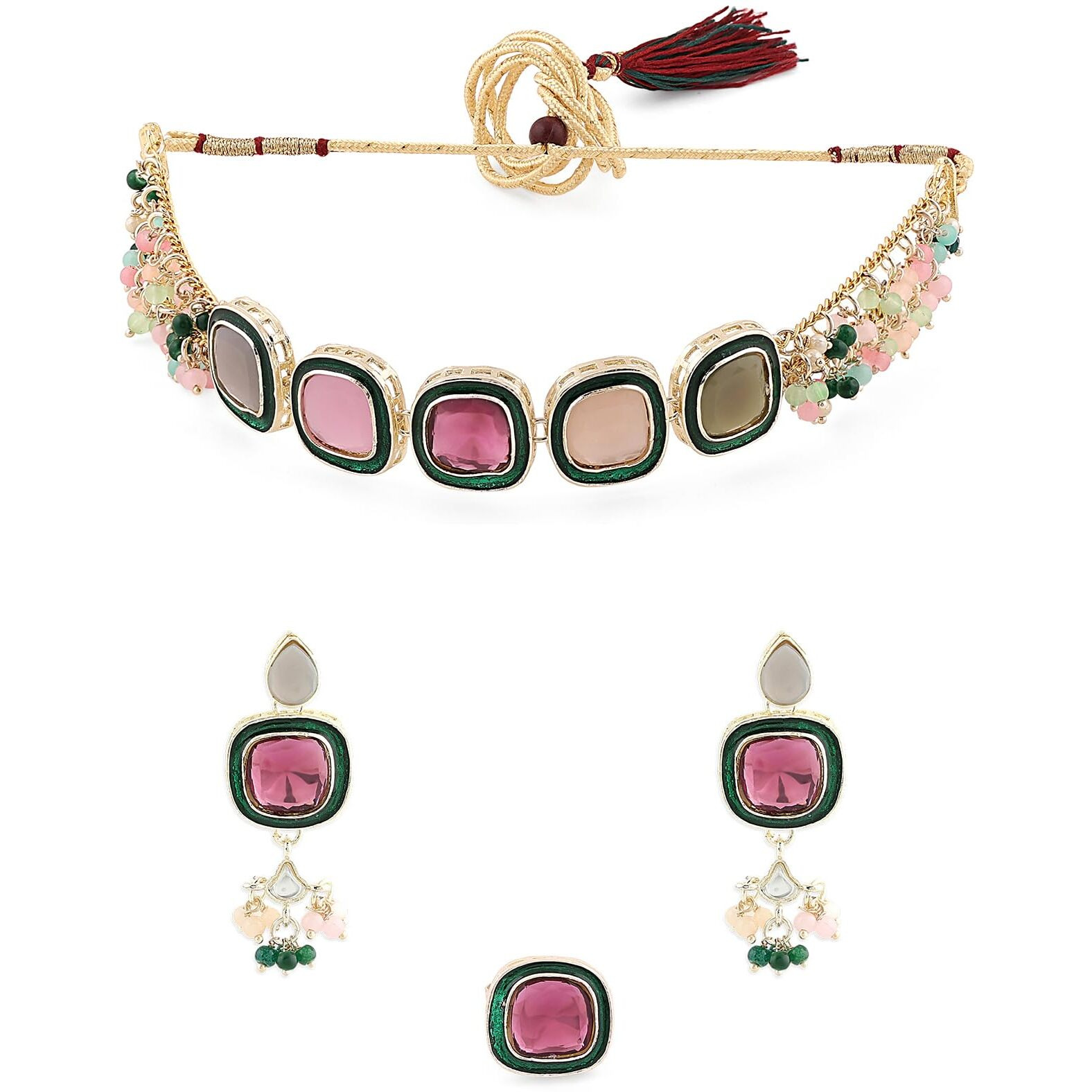 ZAVERI PEARLS Multi Colour Multistrand Beaded Cluster Choker Necklace Earring & Ring Set For Women-ZPFK16494