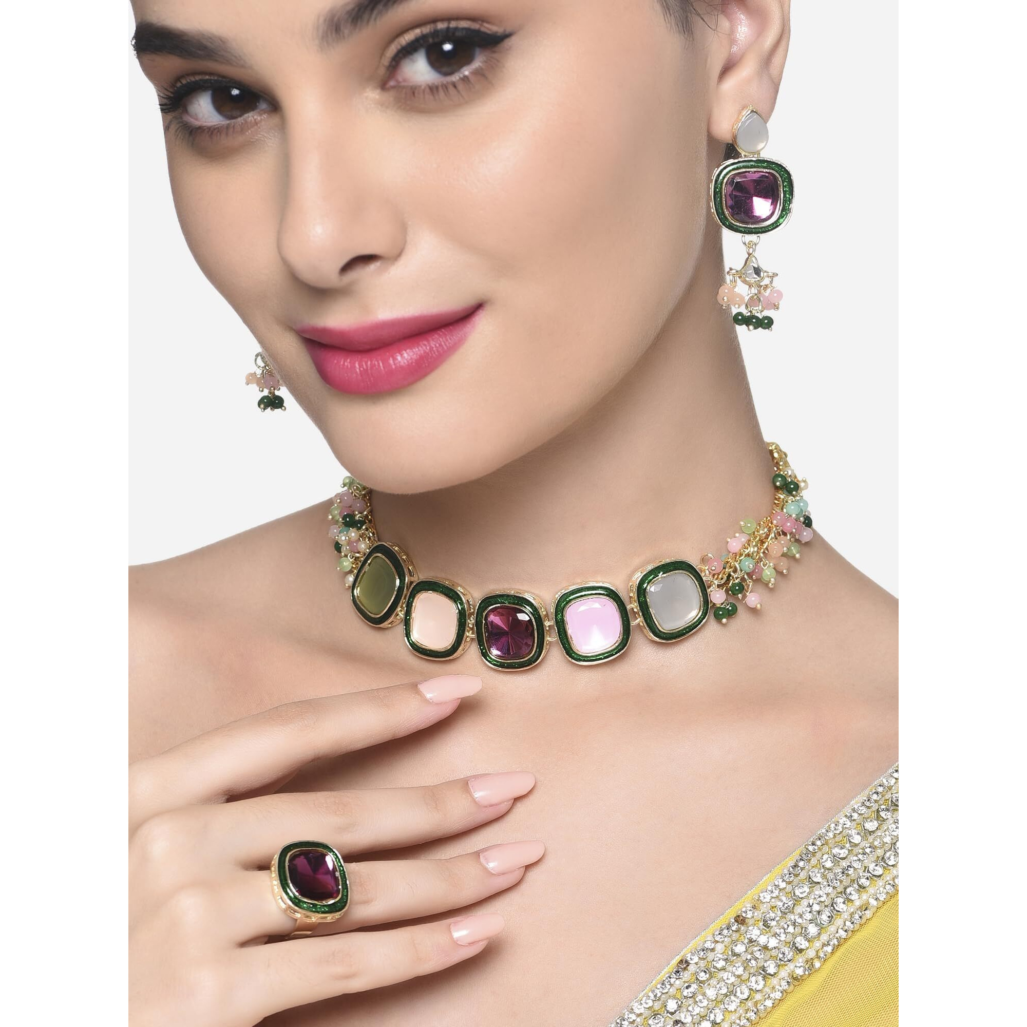 ZAVERI PEARLS Multi Colour Multistrand Beaded Cluster Choker Necklace Earring & Ring Set For Women-ZPFK16494