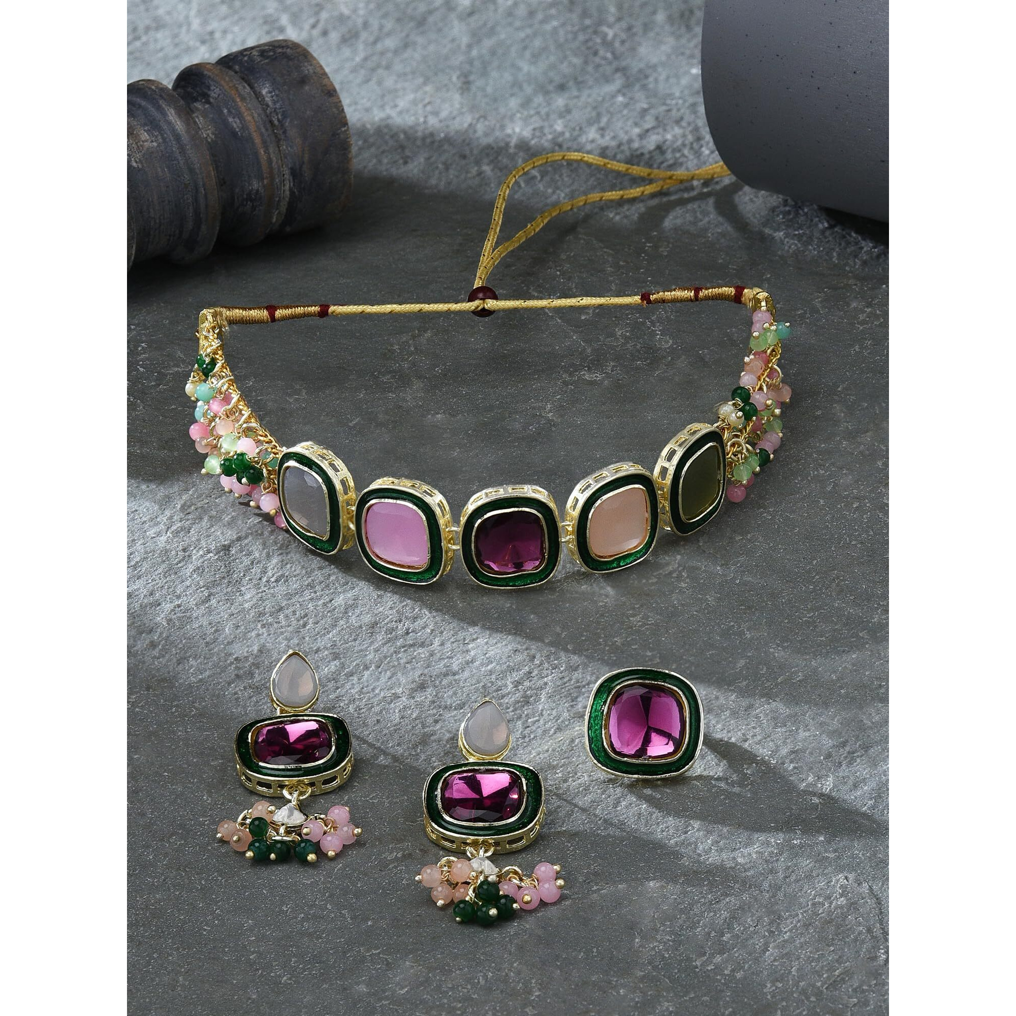 ZAVERI PEARLS Multi Colour Multistrand Beaded Cluster Choker Necklace Earring & Ring Set For Women-ZPFK16494