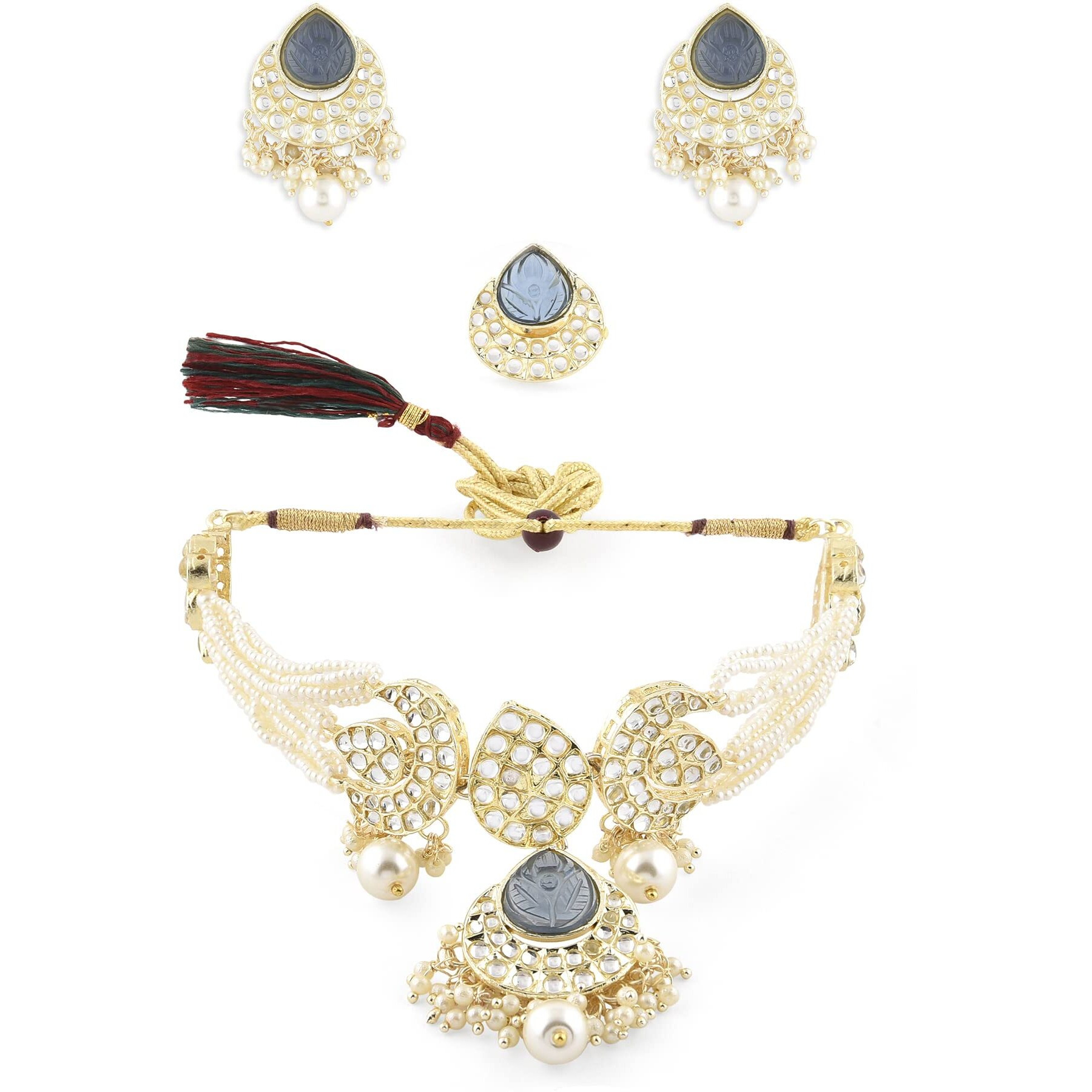 ZAVERI PEARLS Grey Stones Embellished Multistrand Pearls Choker Kundan Necklace Earring & Ring Set For Women-ZPFK14629