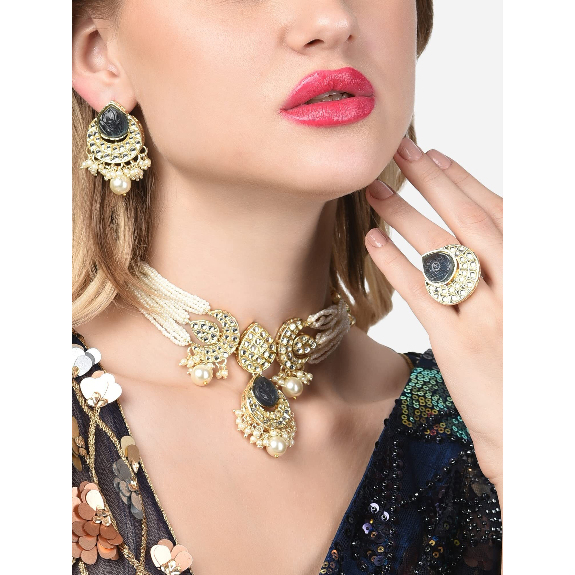 ZAVERI PEARLS Grey Stones Embellished Multistrand Pearls Choker Kundan Necklace Earring & Ring Set For Women-ZPFK14629
