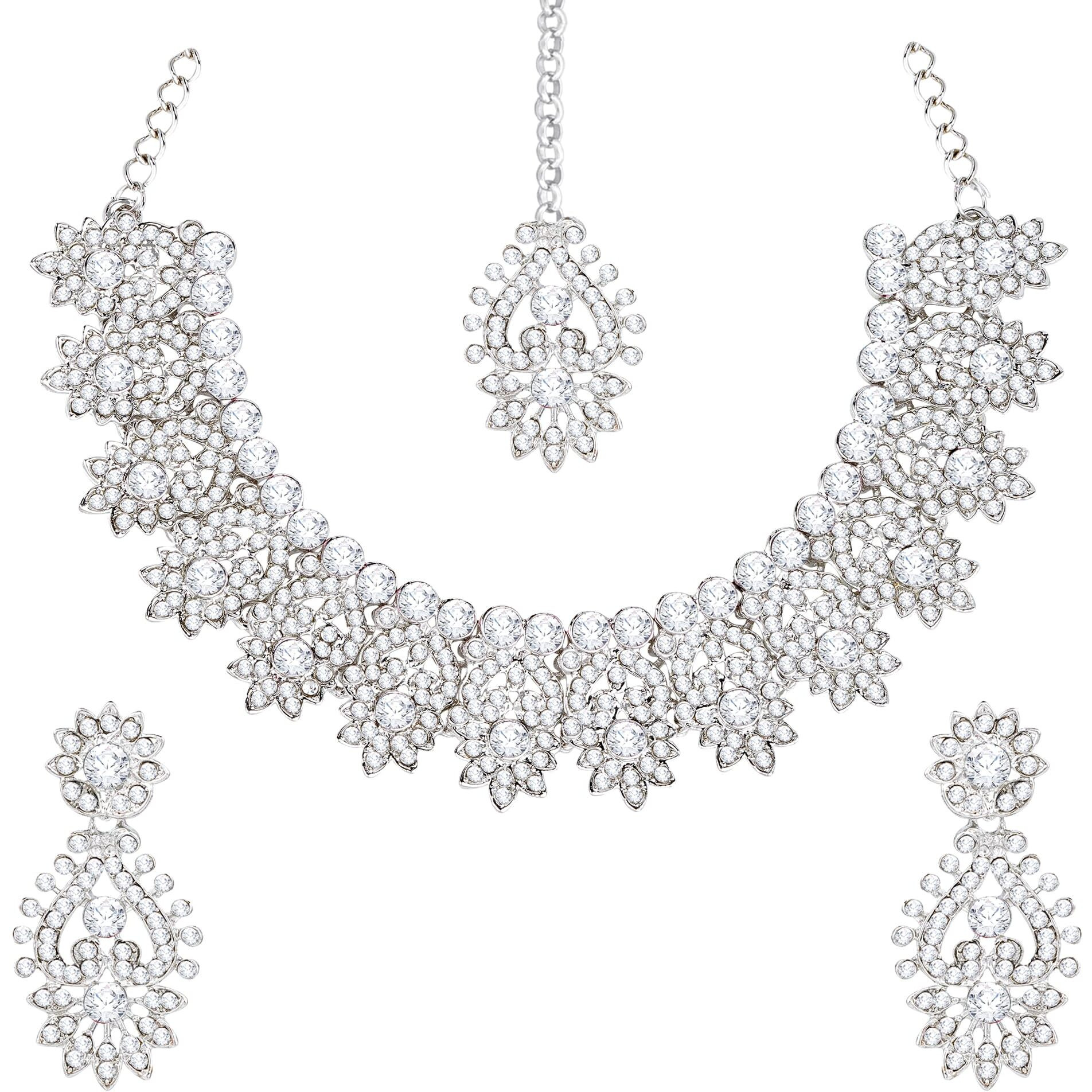 Atasi International Silver Plated Diamond Jewellery Set For Women Suitable for Bridal, Wedding, Party & Festive Occasions (Silver, White)