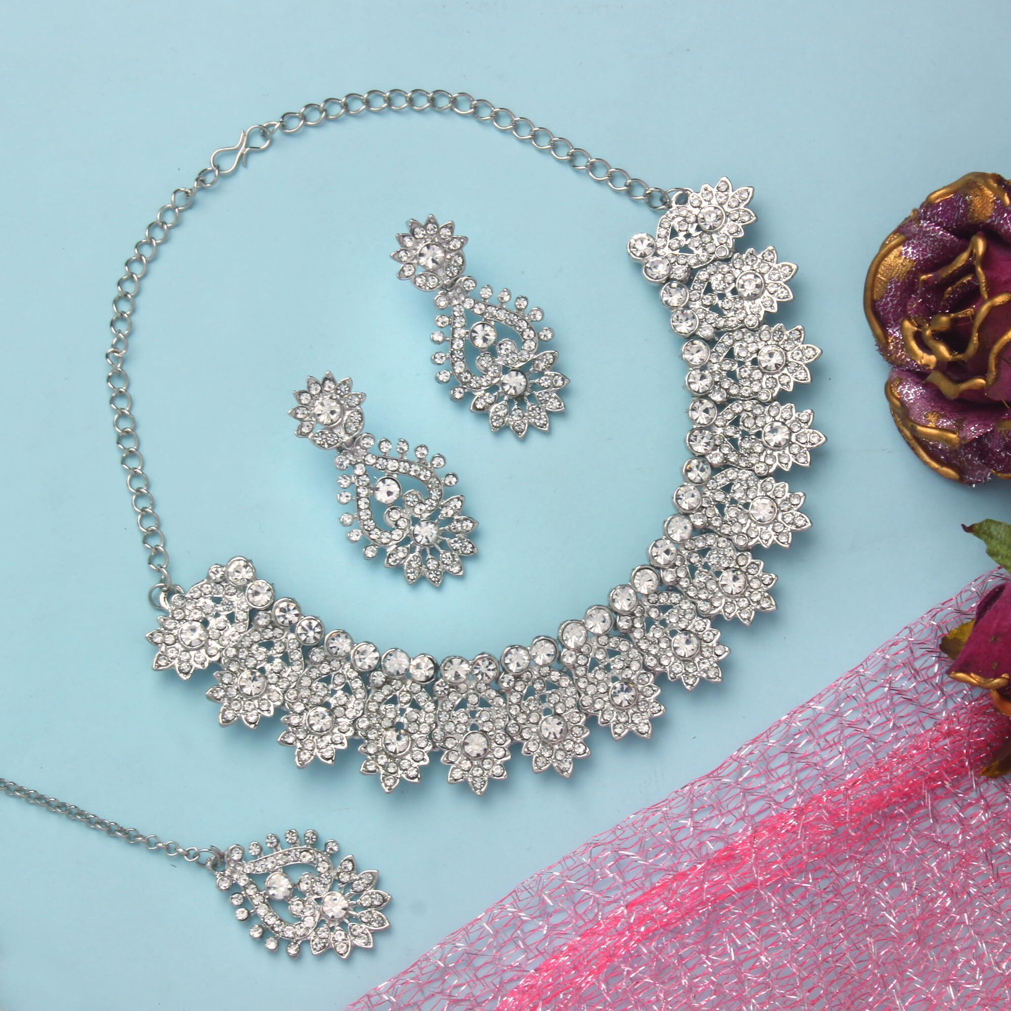 Atasi International Silver Plated Diamond Jewellery Set For Women Suitable for Bridal, Wedding, Party & Festive Occasions (Silver, White)