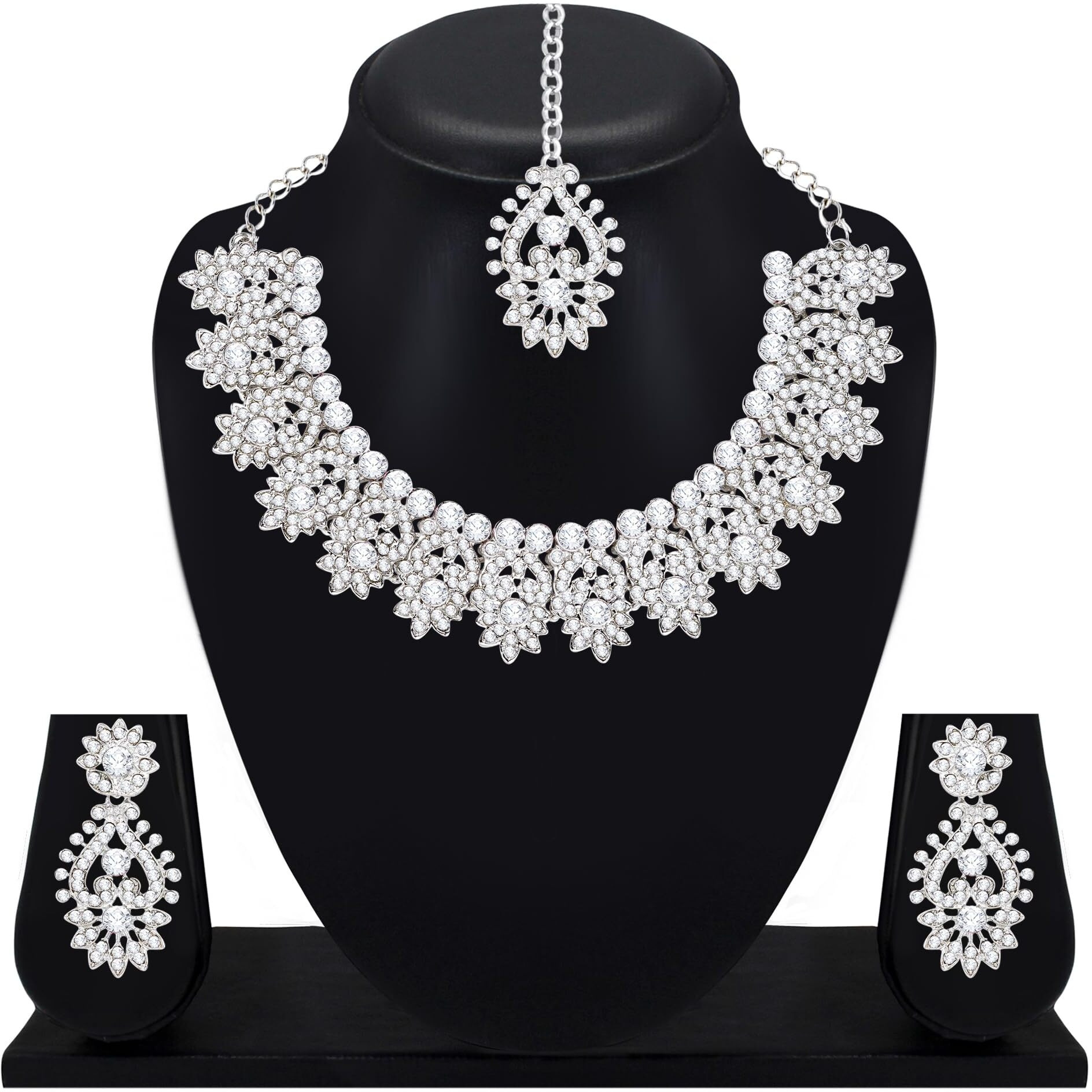 Atasi International Silver Plated Diamond Jewellery Set For Women Suitable for Bridal, Wedding, Party & Festive Occasions (Silver, White)