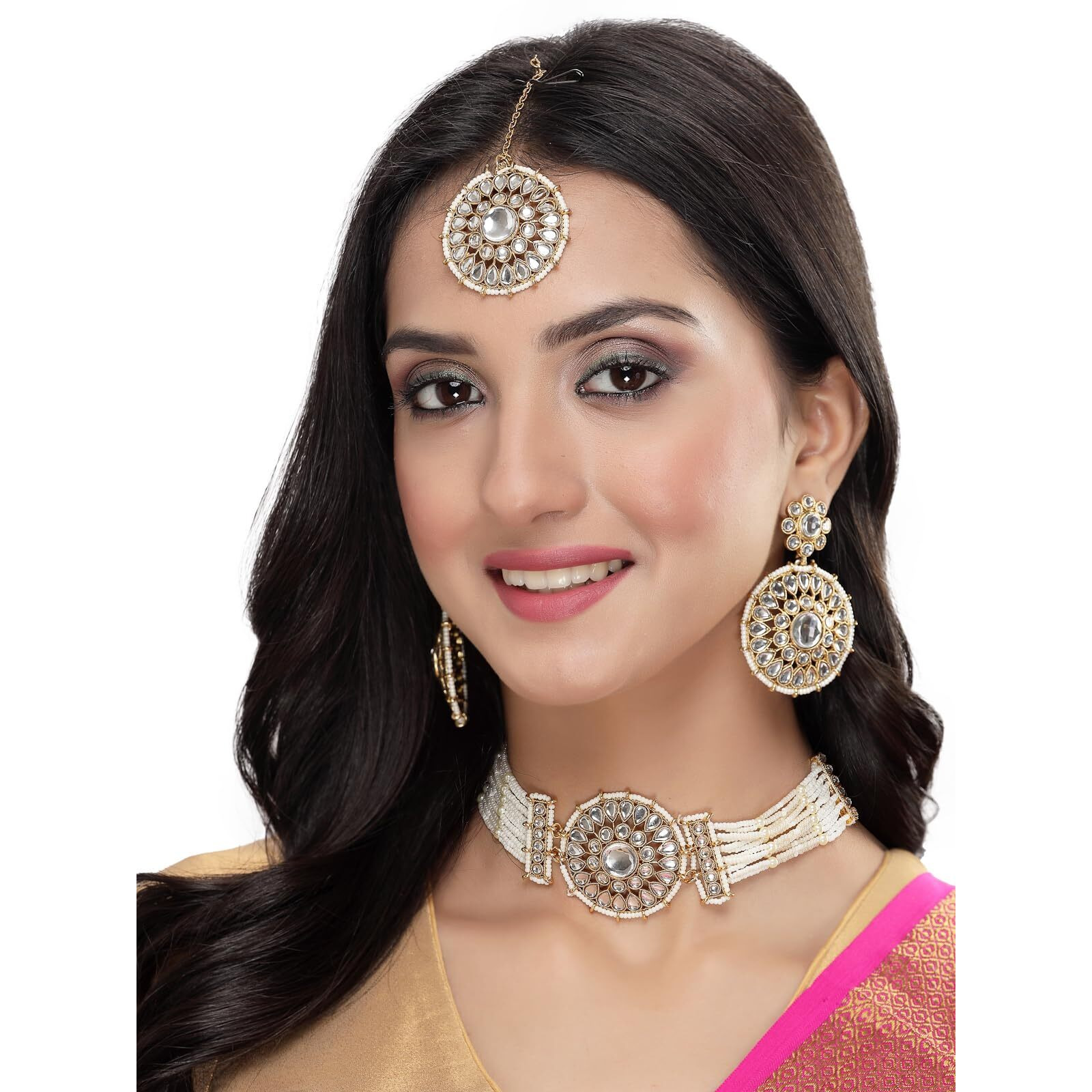Sukkhi Decorative Round Shaped White Kundan & Beads Choker Necklace Set With Earring And Maangtika | Jewellery Set For Women (NS105502)