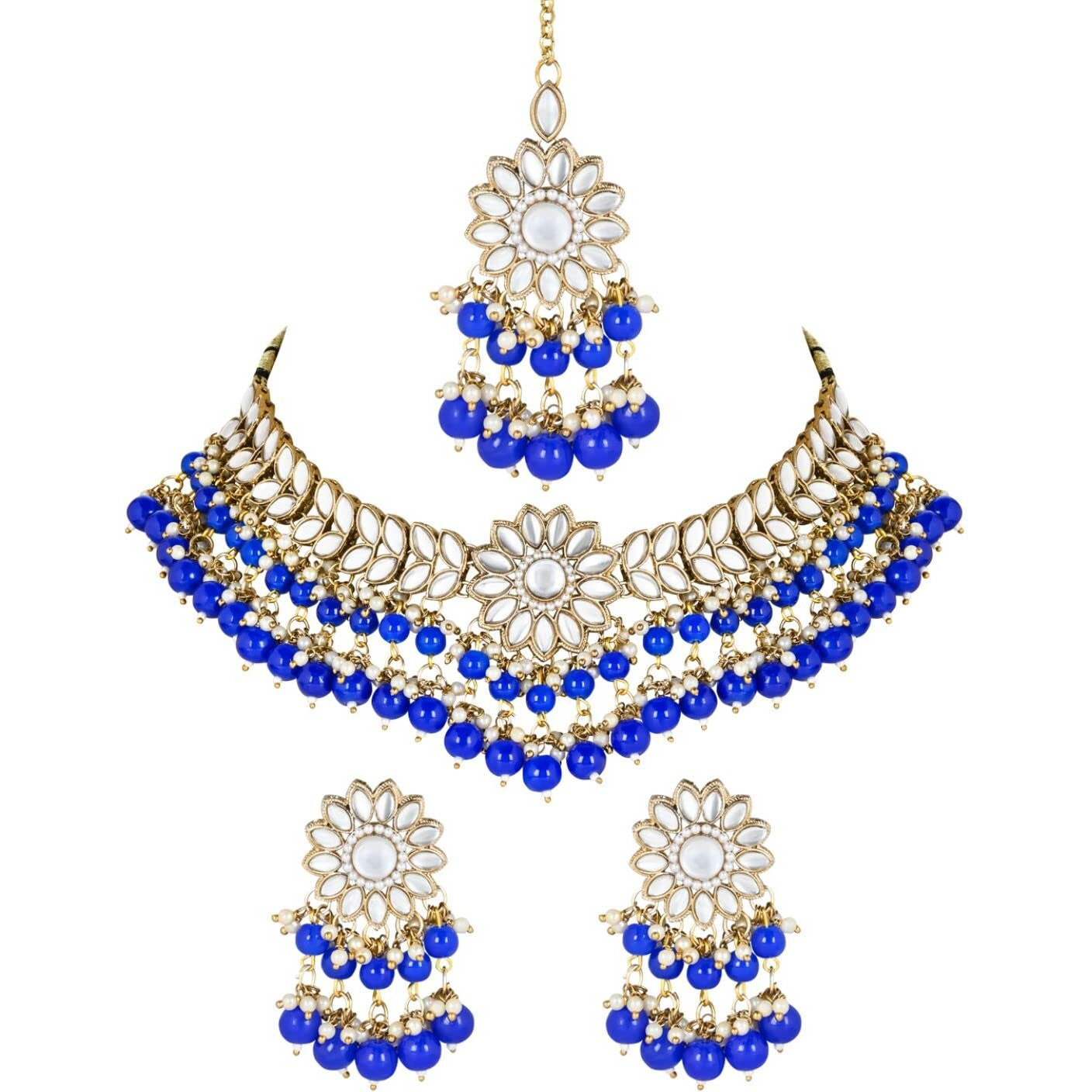 I Jewels 18K Gold Plated Traditional Kundan Studded Pearl Hanging Choker Necklace Jewellery Set With Earrings & Maang Tikka For Women & Girls (K7232Q)