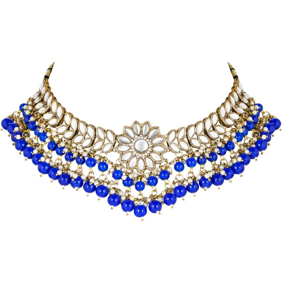 I Jewels 18K Gold Plated Traditional Kundan Studded Pearl Hanging Choker Necklace Jewellery Set With Earrings & Maang Tikka For Women & Girls (K7232Q)