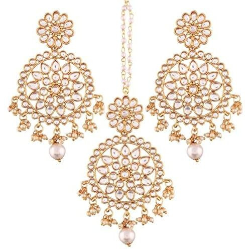 I Jewels Gold Plated Traditional Kundan & Pearl Chandbali Earrings With Maang Tikka Set (Te2462W, Womens)
