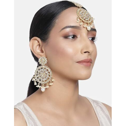 I Jewels Gold Plated Traditional Kundan & Pearl Chandbali Earrings With Maang Tikka Set (Te2462W, Womens)