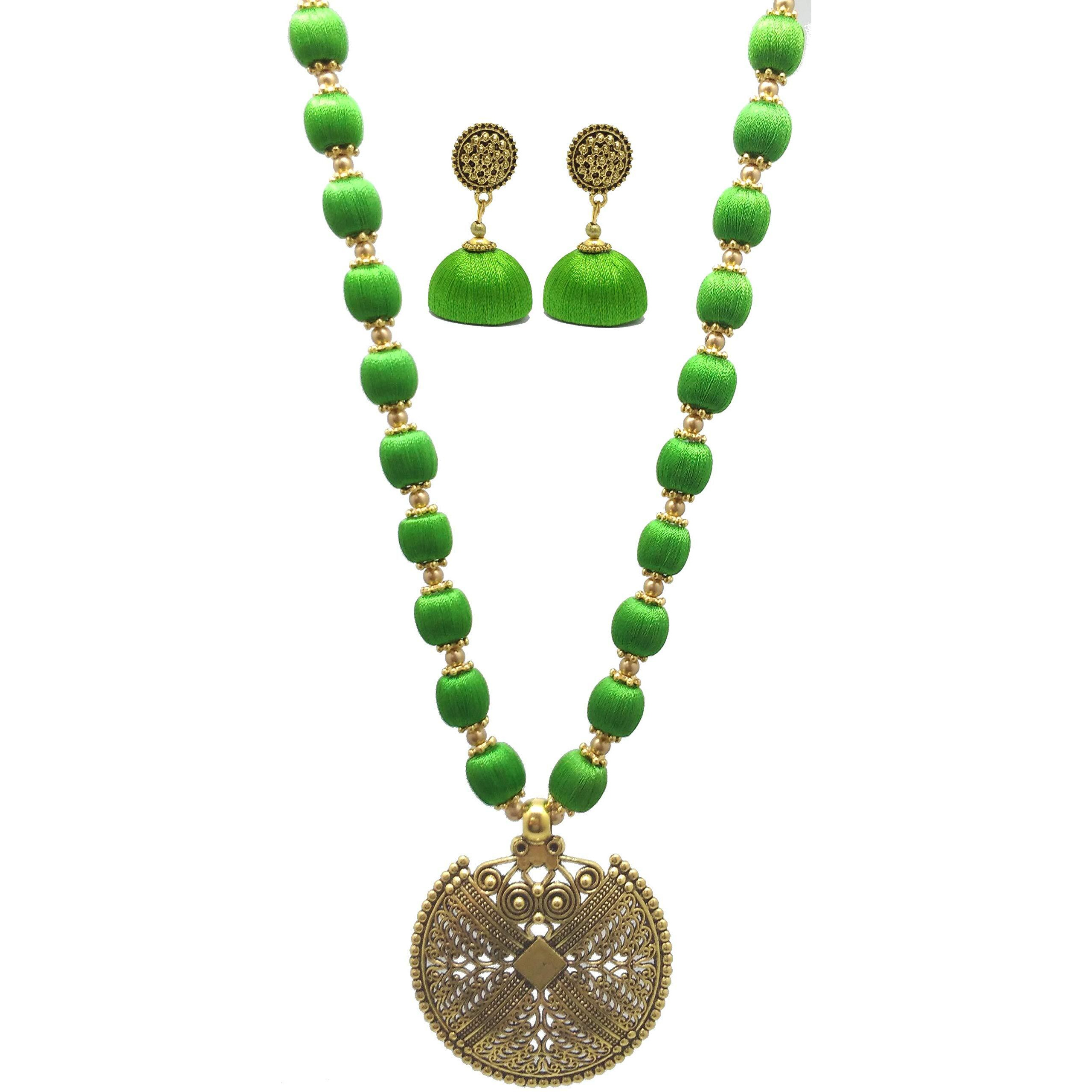 MDS FASHIONS Silk Thread Beads with Antique Net Chakkra Necklace and Earrings set for Beautiful Women (MDS-1073) (Green)