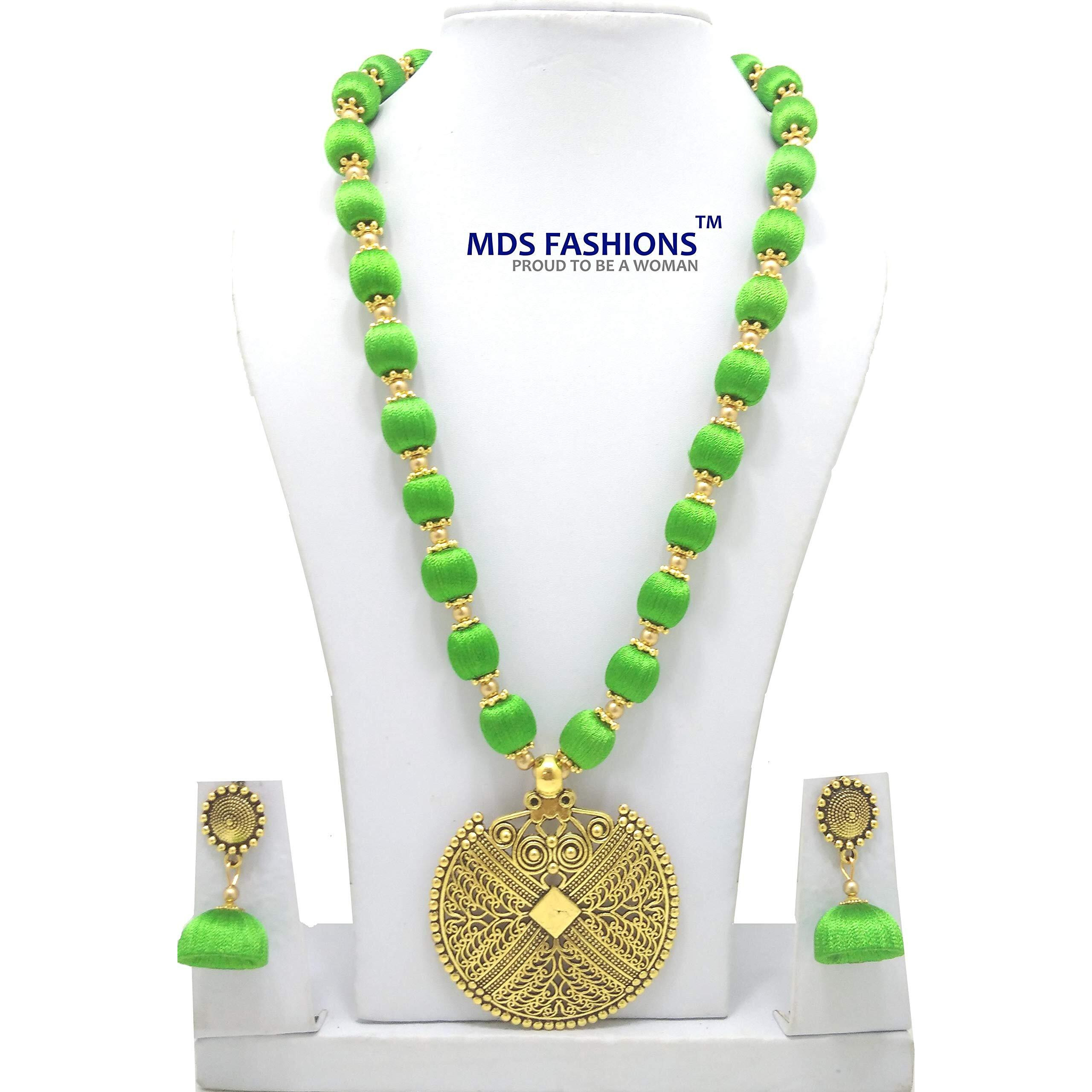 MDS FASHIONS Silk Thread Beads with Antique Net Chakkra Necklace and Earrings set for Beautiful Women (MDS-1073) (Green)