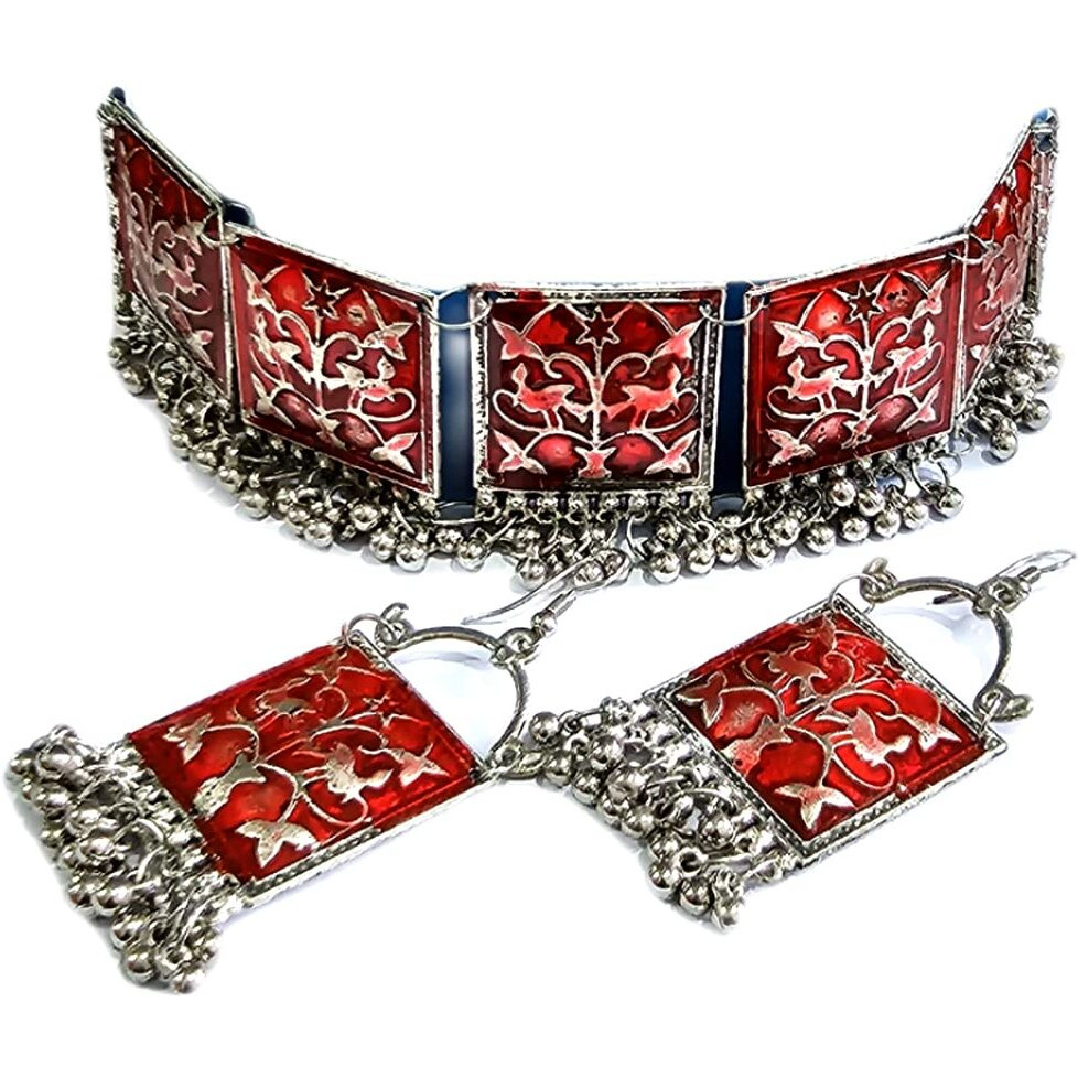 LACUM Faishon Jewellery Oxidised German Silver Traditional Chocker Necklace Set for Women & Girls Silver (ChokerRed)