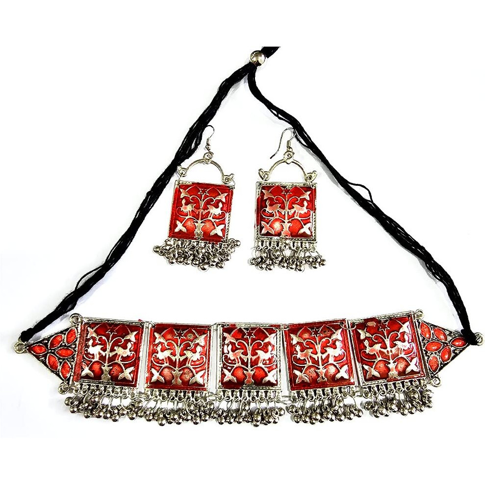 LACUM Faishon Jewellery Oxidised German Silver Traditional Chocker Necklace Set for Women & Girls Silver (ChokerRed)