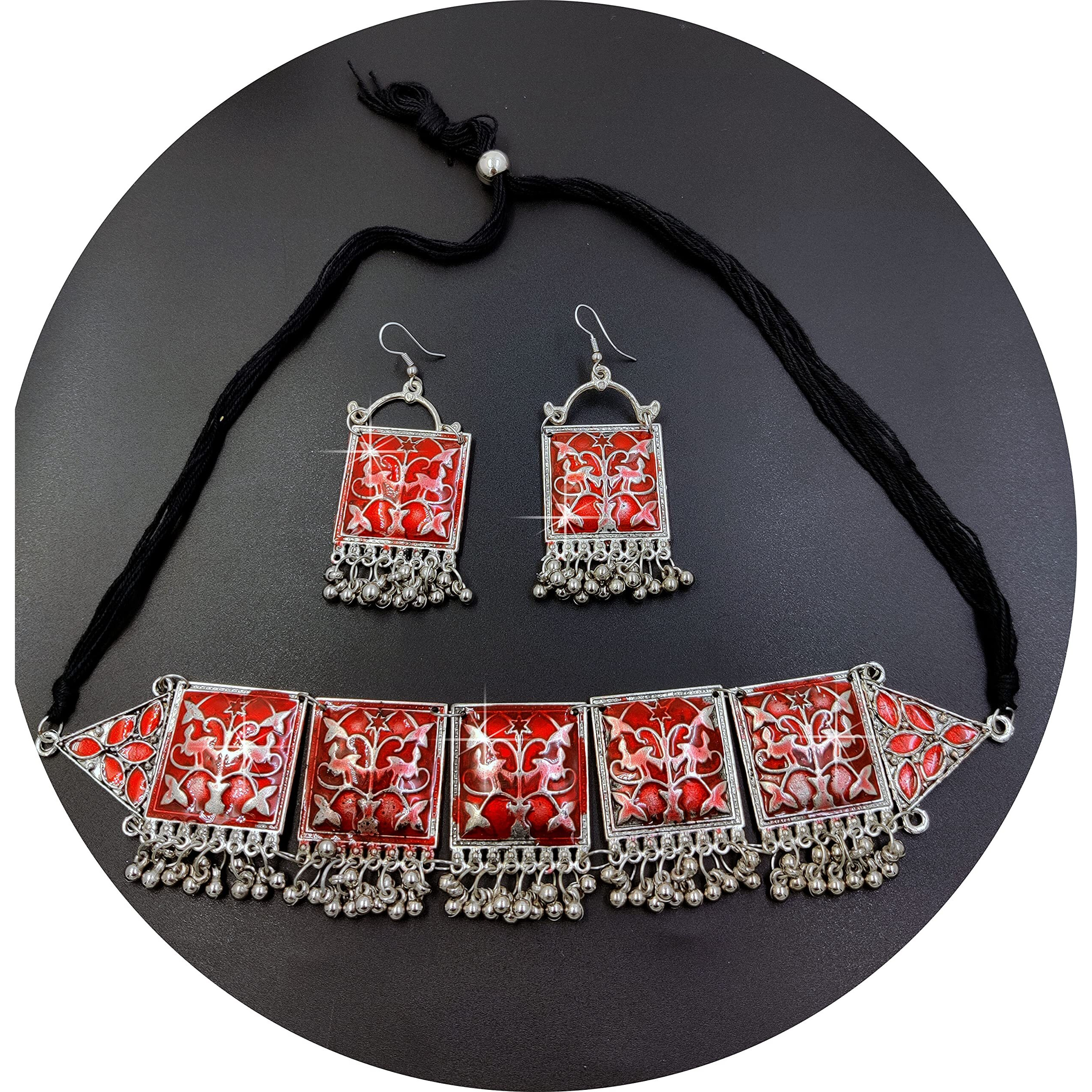 LACUM Faishon Jewellery Oxidised German Silver Traditional Chocker Necklace Set for Women & Girls Silver (ChokerRed)