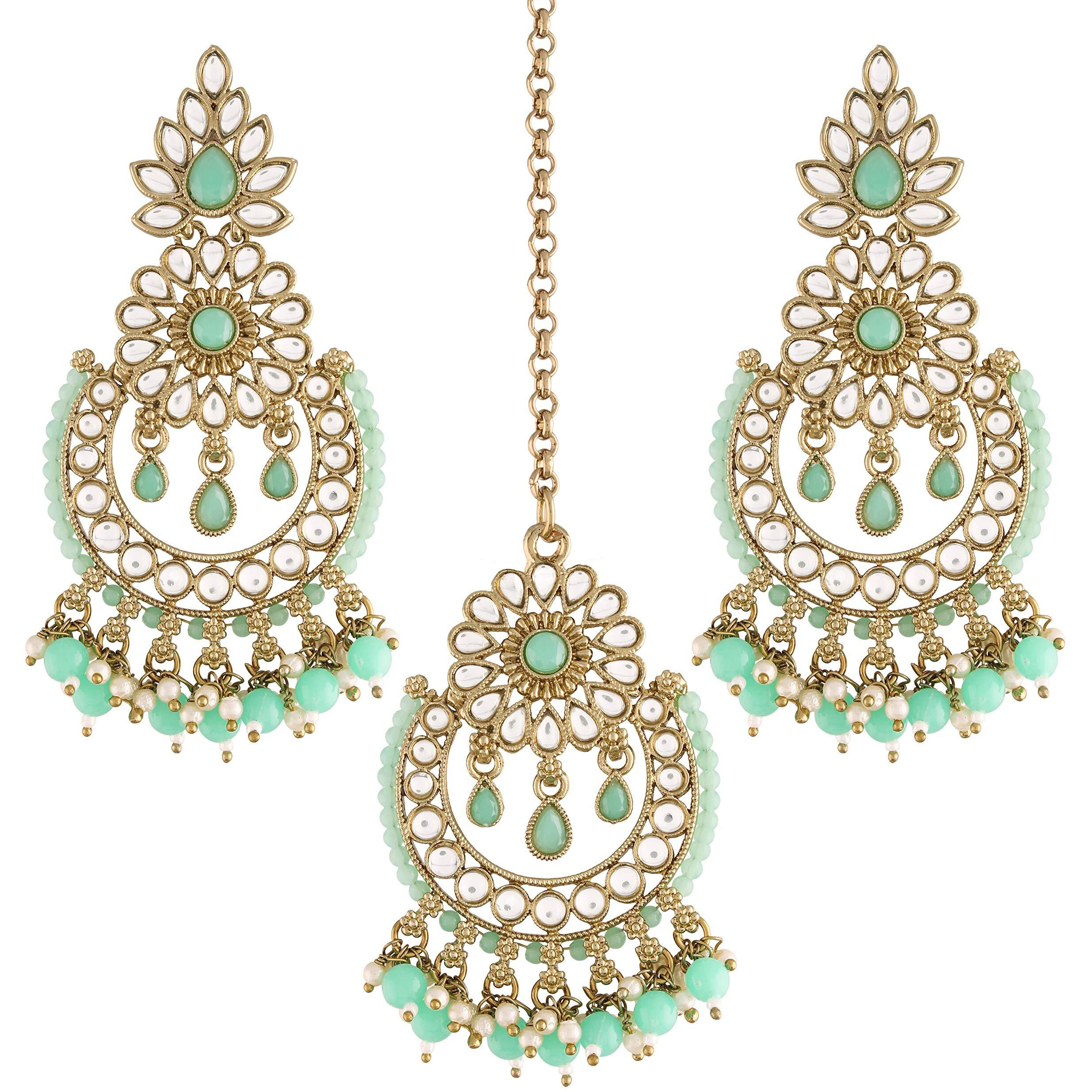 I Jewels 18K Gold Plated Traditional Handcrafted Earrings With Maang Tikka Encased with Faux Kundan & Pearl for Women/Girls (TE4001Min)