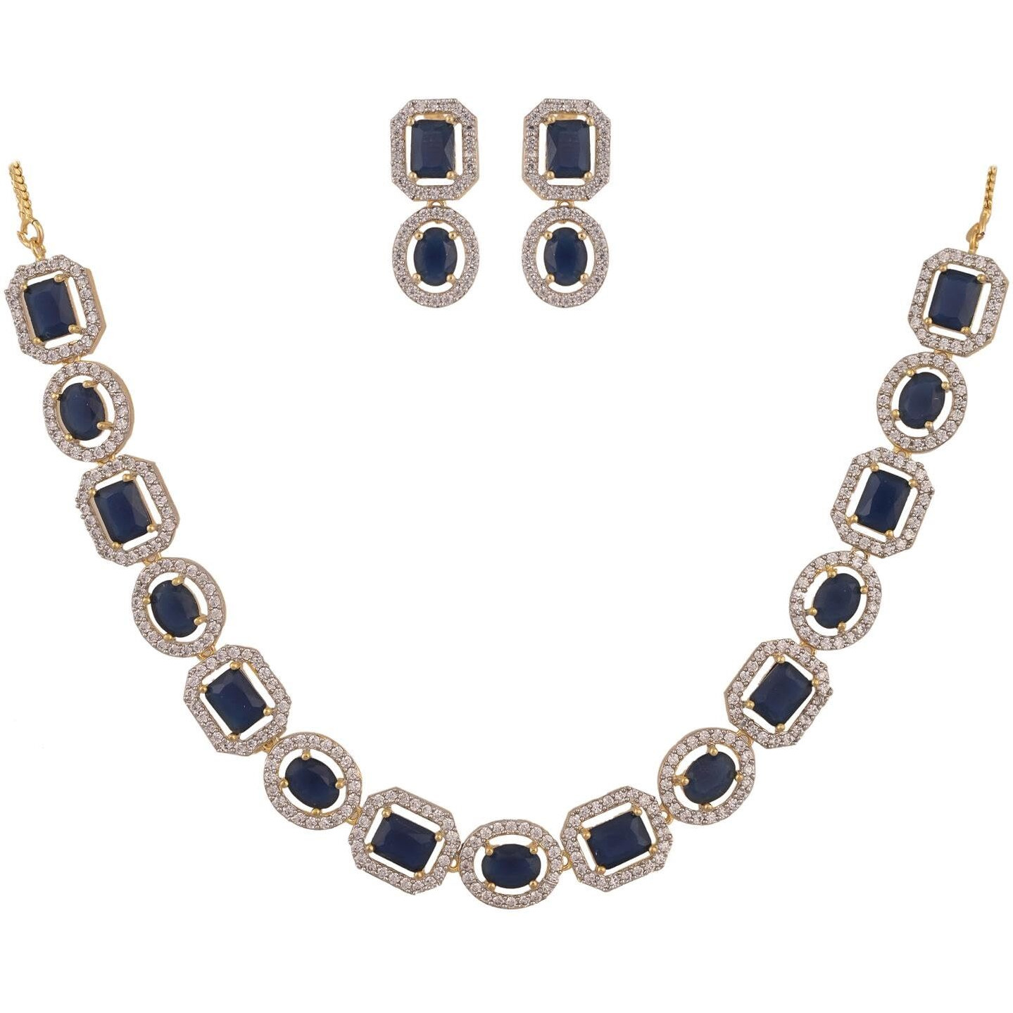 RATNAVALI JEWELS American Diamond Traditional Fashion Jewellery Blue Necklace Pendant Set with Earring for Women/Girls RV3202B