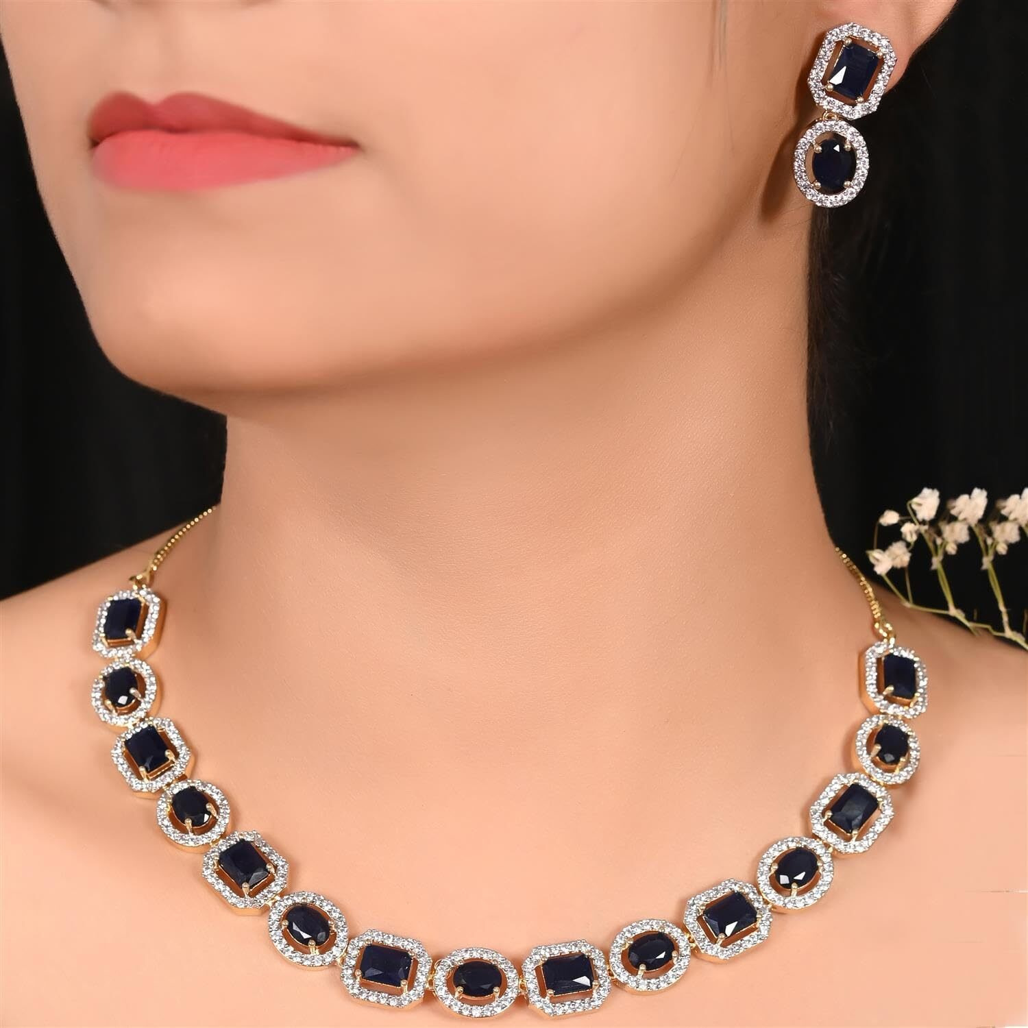 RATNAVALI JEWELS American Diamond Traditional Fashion Jewellery Blue Necklace Pendant Set with Earring for Women/Girls RV3202B