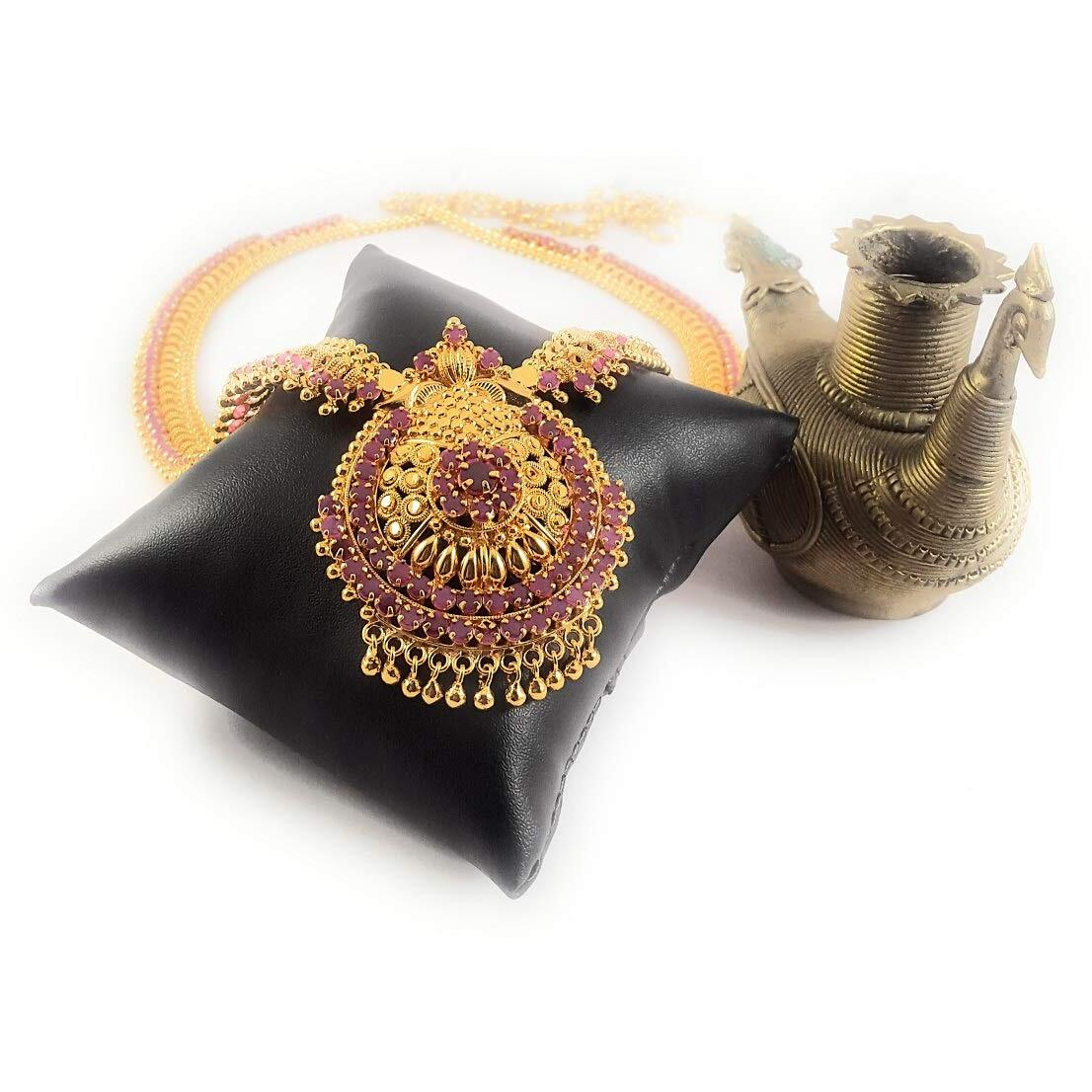 AFJ GOLD Copper Micro Gold Plated South Indian Traditional Trendy Stylish Fashion Jewellery Wedding Ruby Haram for Women (Gold, Yellow, 1 Gram)