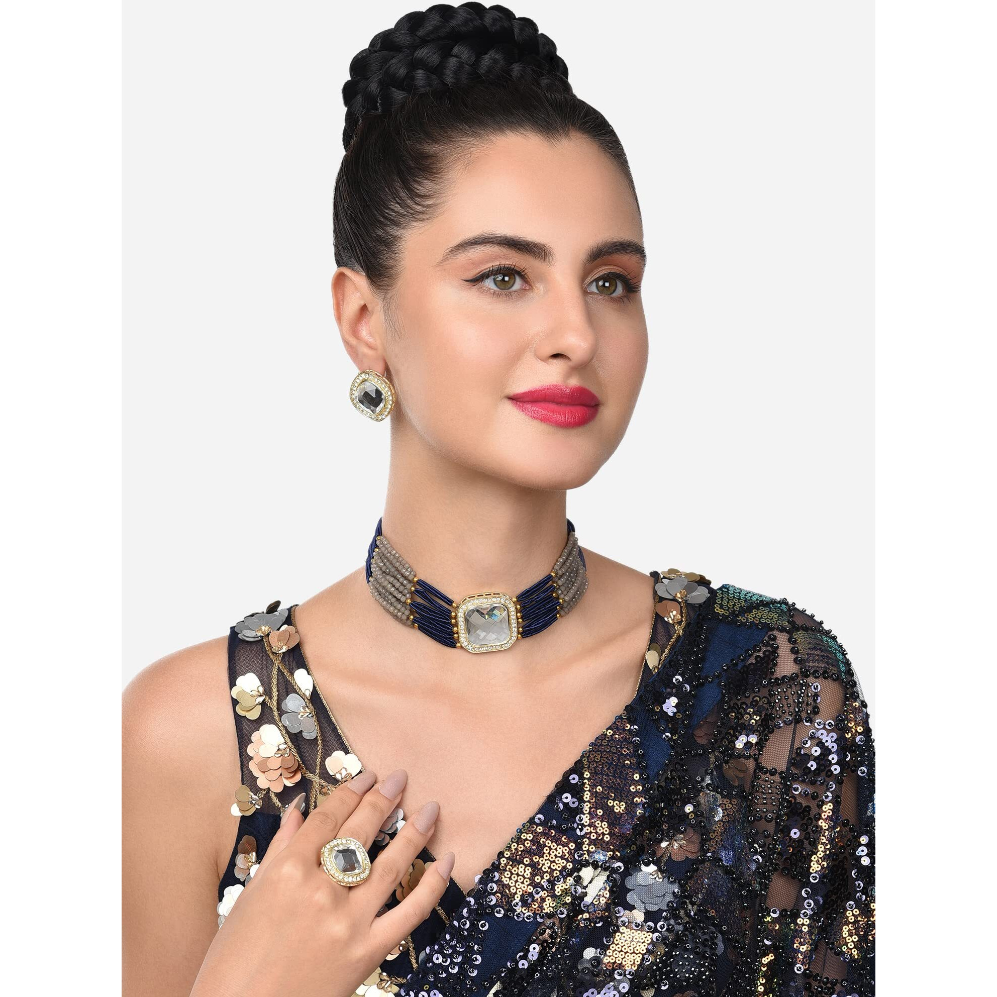 ZAVERI PEARLS Grey & Blue Multistrand Ethnic Choker Necklace Earring & Ring Set For Women-ZPFK11439