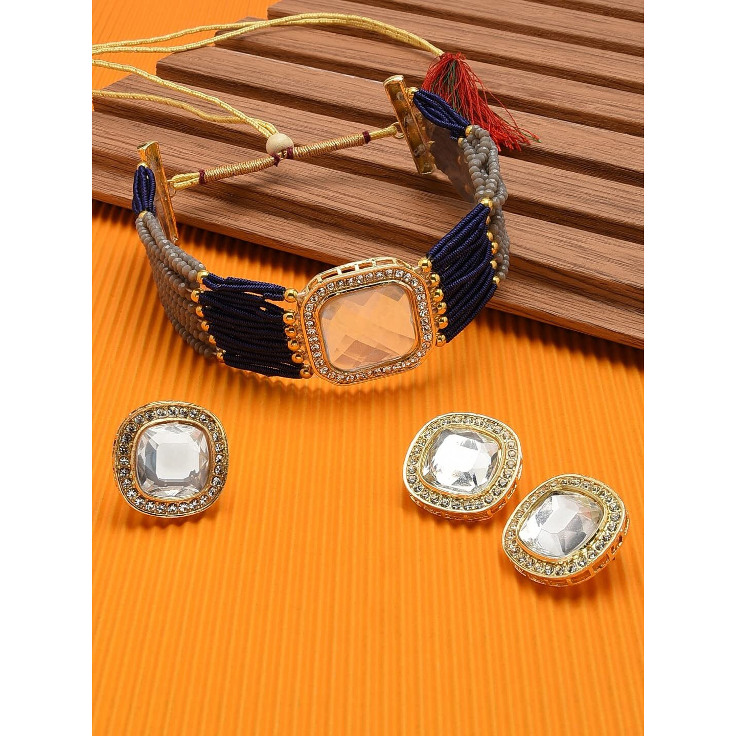 ZAVERI PEARLS Grey & Blue Multistrand Ethnic Choker Necklace Earring & Ring Set For Women-ZPFK11439