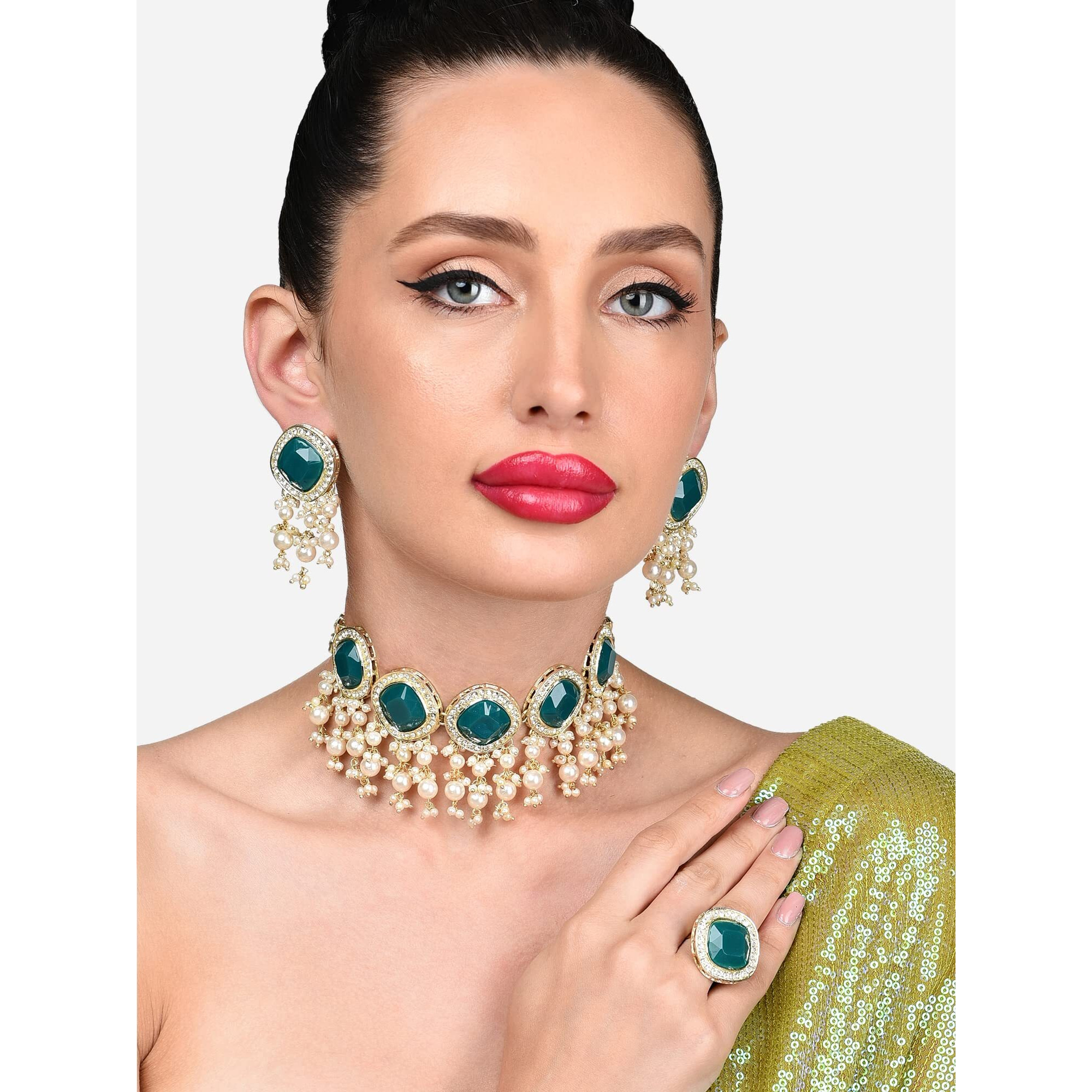 ZAVERI PEARLS Green Statement Stones Cluster Beads Choker Necklace Earring Ring Set For Women-ZPFK15934