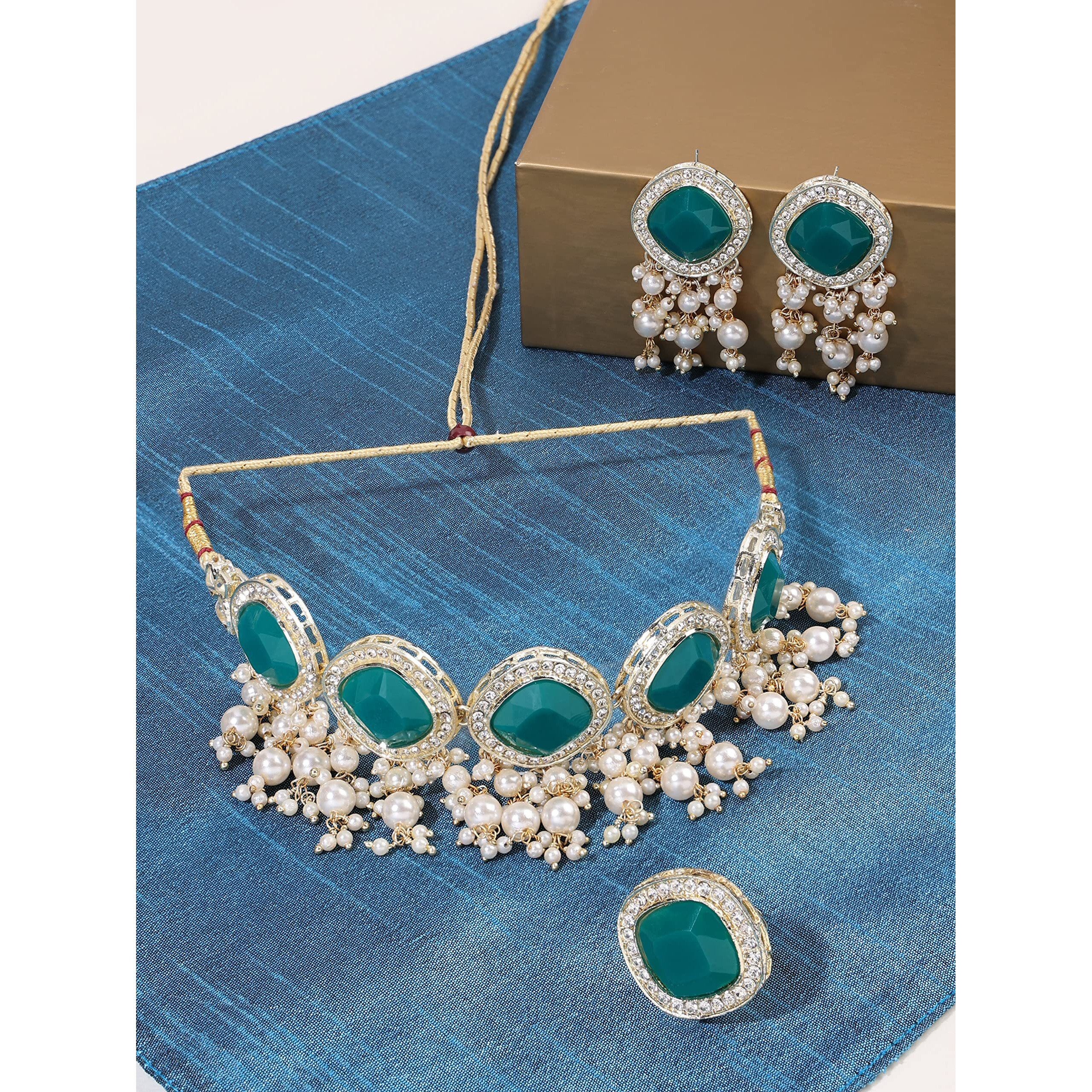 ZAVERI PEARLS Green Statement Stones Cluster Beads Choker Necklace Earring Ring Set For Women-ZPFK15934