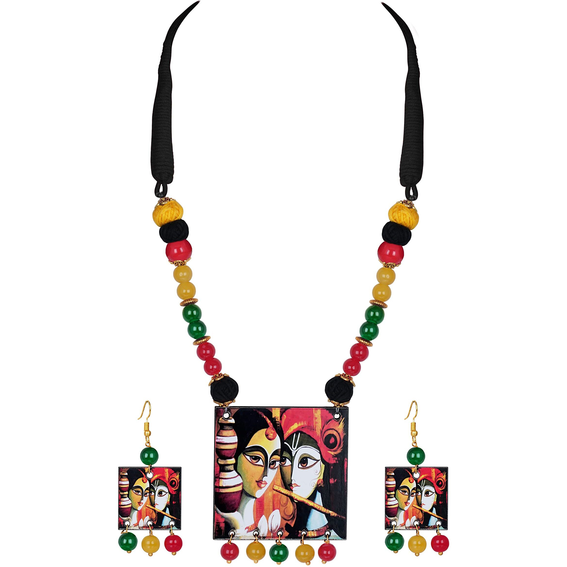 JFL - Jewellery for Less Classic Radha Krishna Painting Pendant with Multi Color Cotton Bead Adjustable Thread Handcraft Necklace Set Women and Girls (Yellow, Black, Red)