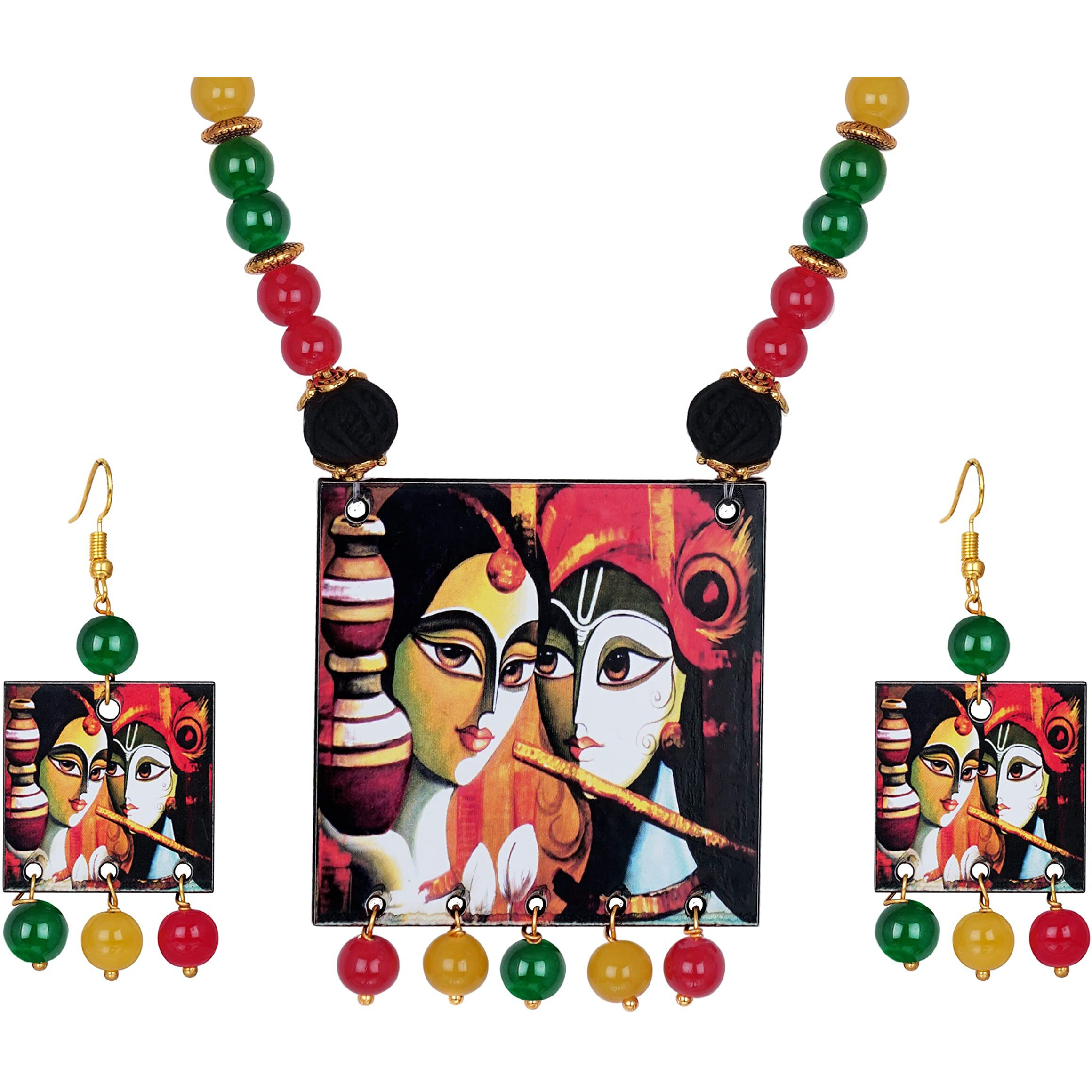 JFL - Jewellery for Less Classic Radha Krishna Painting Pendant with Multi Color Cotton Bead Adjustable Thread Handcraft Necklace Set Women and Girls (Yellow, Black, Red)