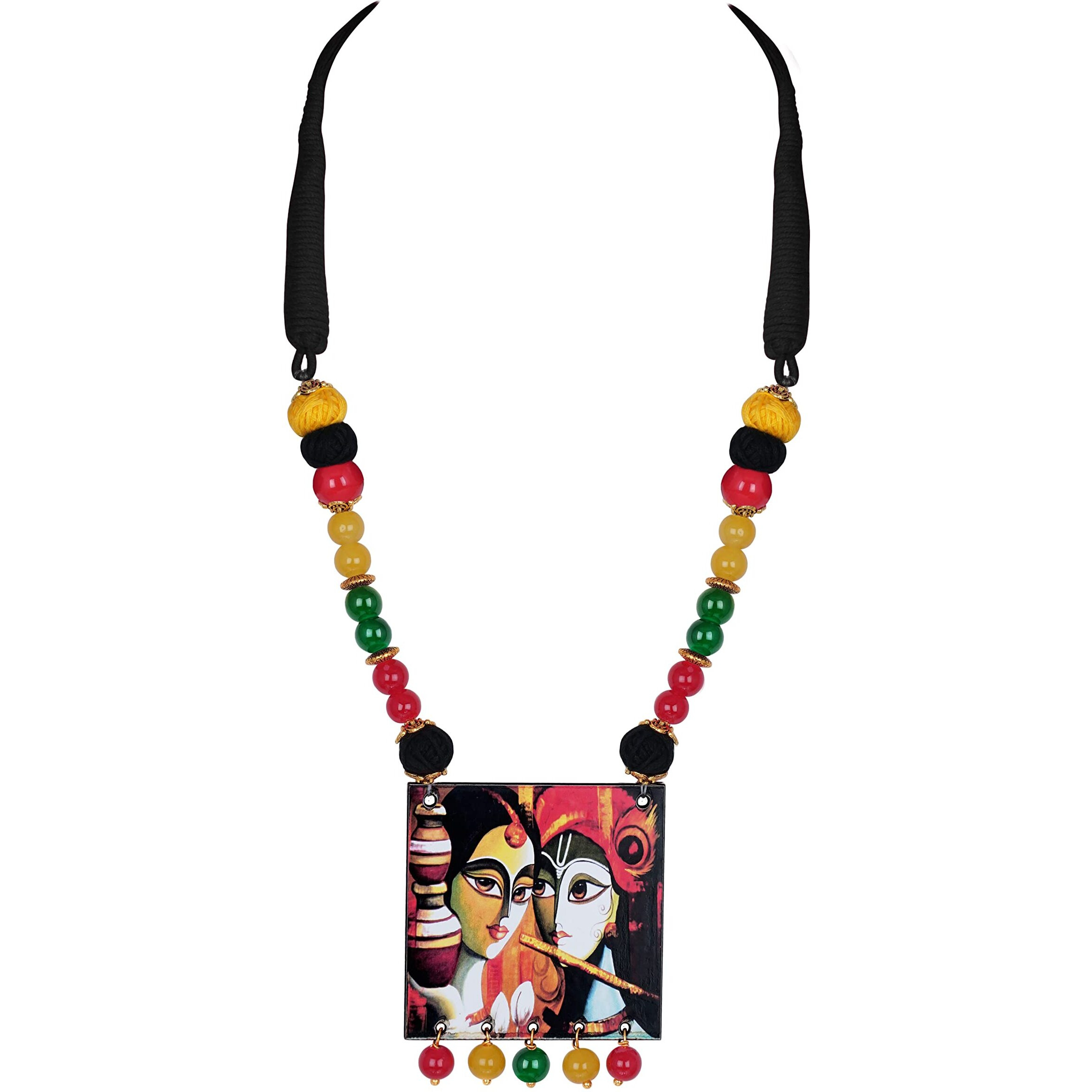 JFL - Jewellery for Less Classic Radha Krishna Painting Pendant with Multi Color Cotton Bead Adjustable Thread Handcraft Necklace Set Women and Girls (Yellow, Black, Red)