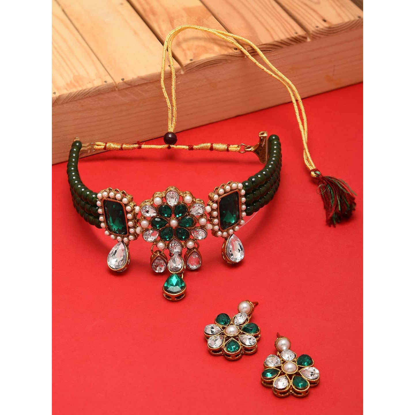 ZAVERI PEARLS Multistrand Green Beads & Stones Traditional Choker Necklace & Earring Set For Women-ZPFK9966