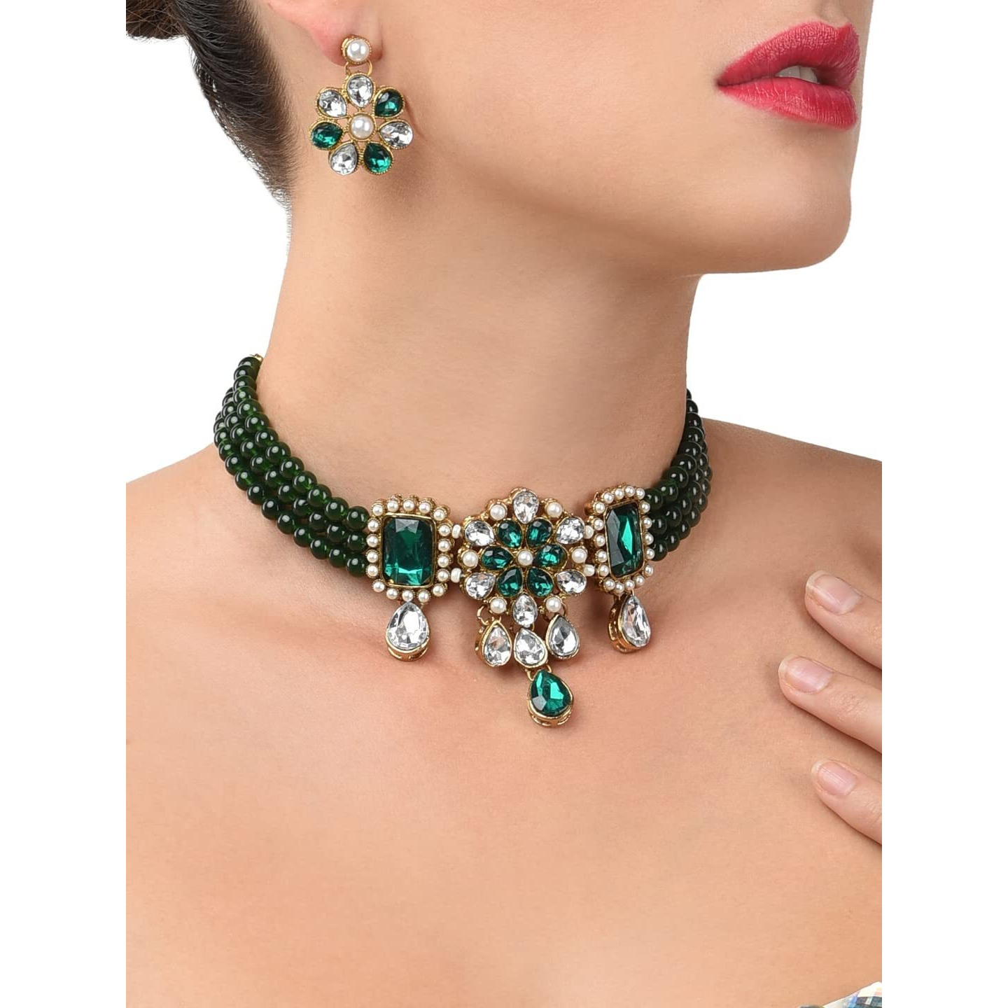ZAVERI PEARLS Multistrand Green Beads & Stones Traditional Choker Necklace & Earring Set For Women-ZPFK9966