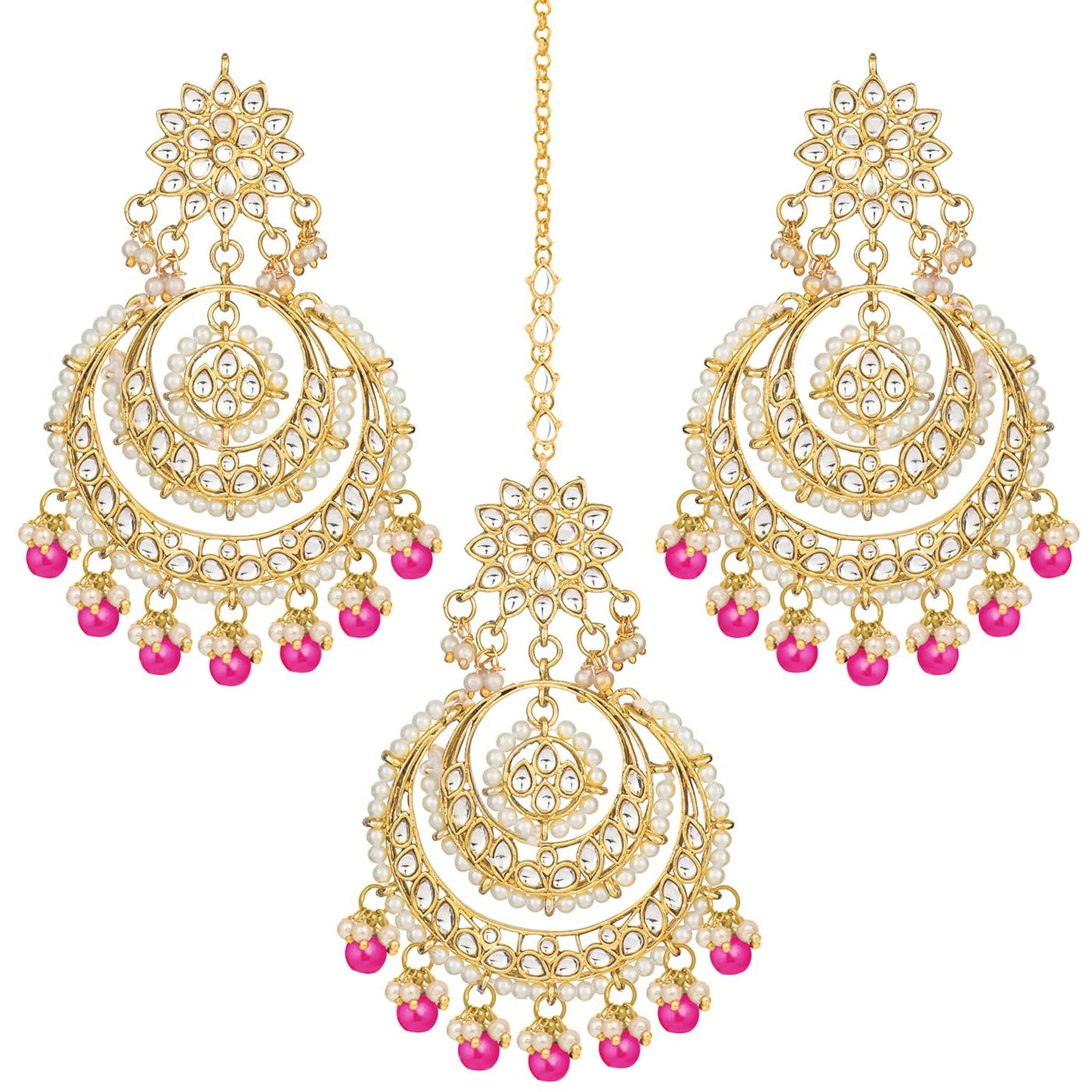 Peora Traditional Jewellery 18K Gold Plated Brass Kundan And Pearl Maang Tikka, Earring Set For Womens (Rani Pink)