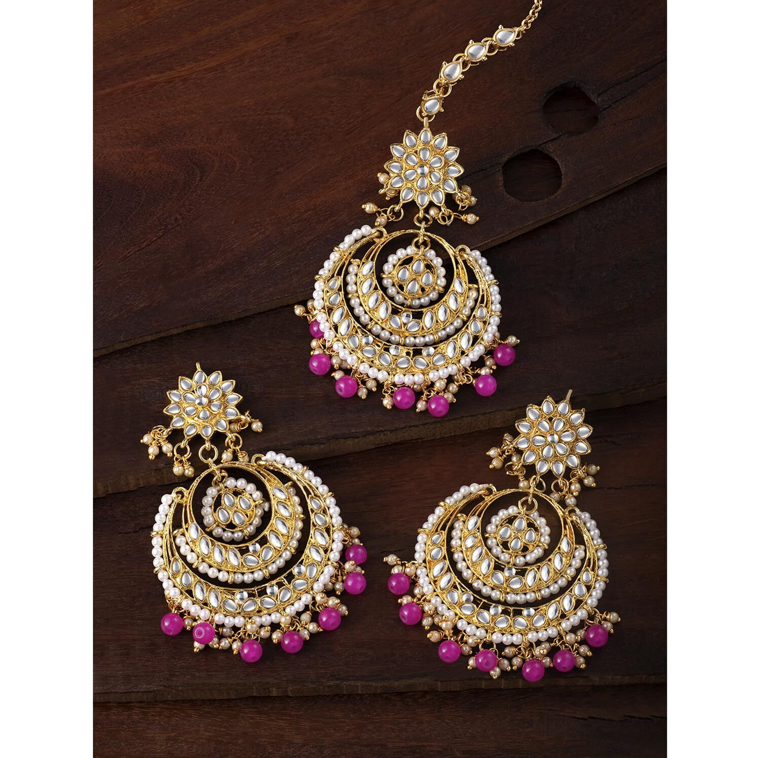 Peora Traditional Jewellery 18K Gold Plated Brass Kundan And Pearl Maang Tikka, Earring Set For Womens (Rani Pink)