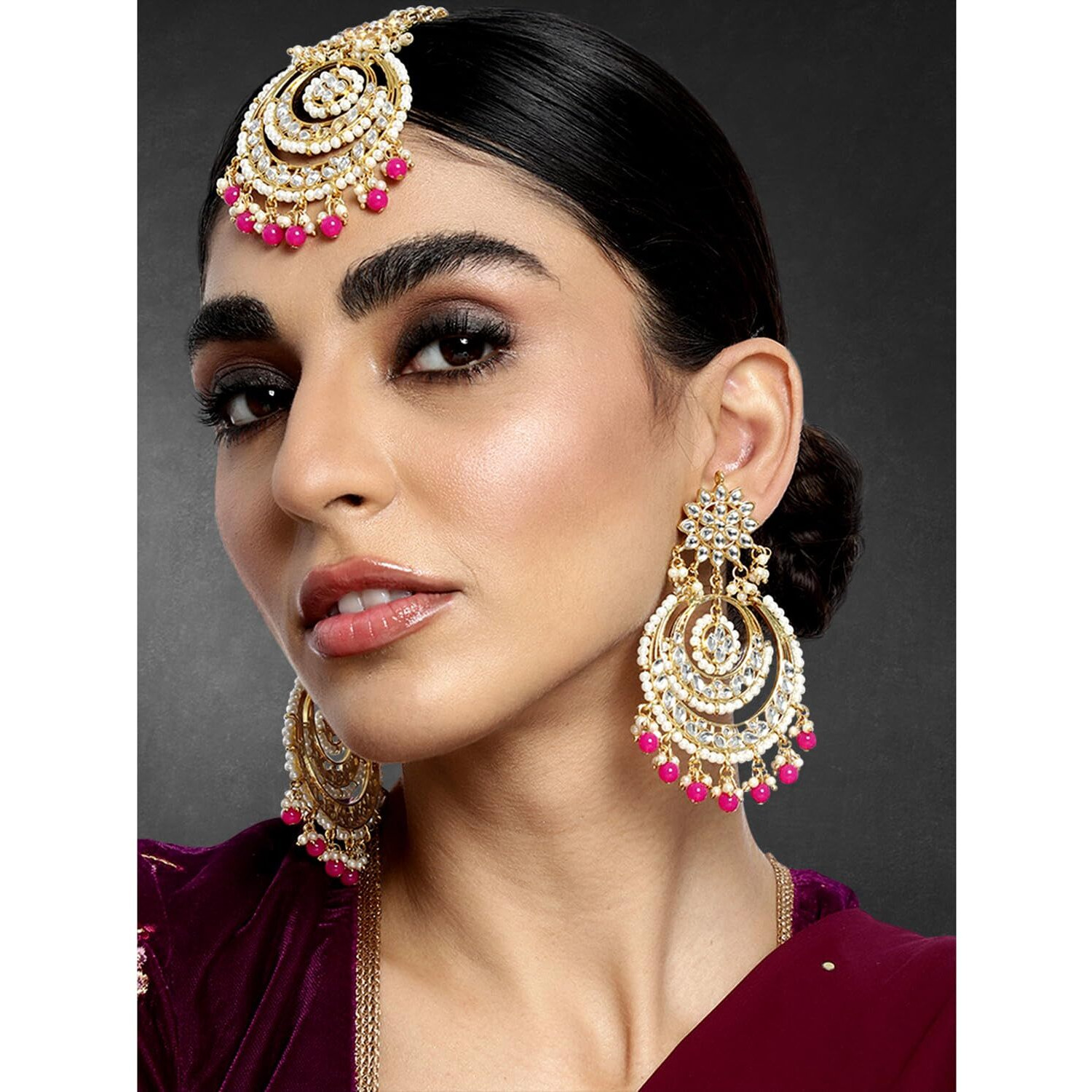 Peora Traditional Jewellery 18K Gold Plated Brass Kundan And Pearl Maang Tikka, Earring Set For Womens (Rani Pink)