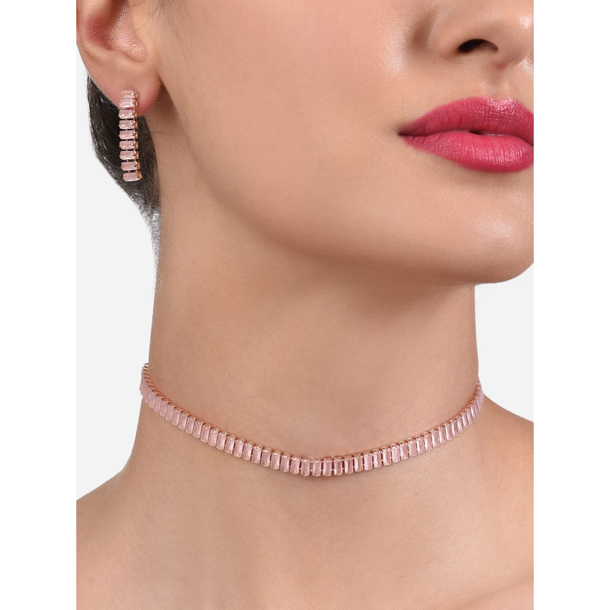 ZAVERI PEARLS Pink Dazzling Baguette Cubic Zirconia Party Bling Necklace & Earring Set For Women-ZPFK14027