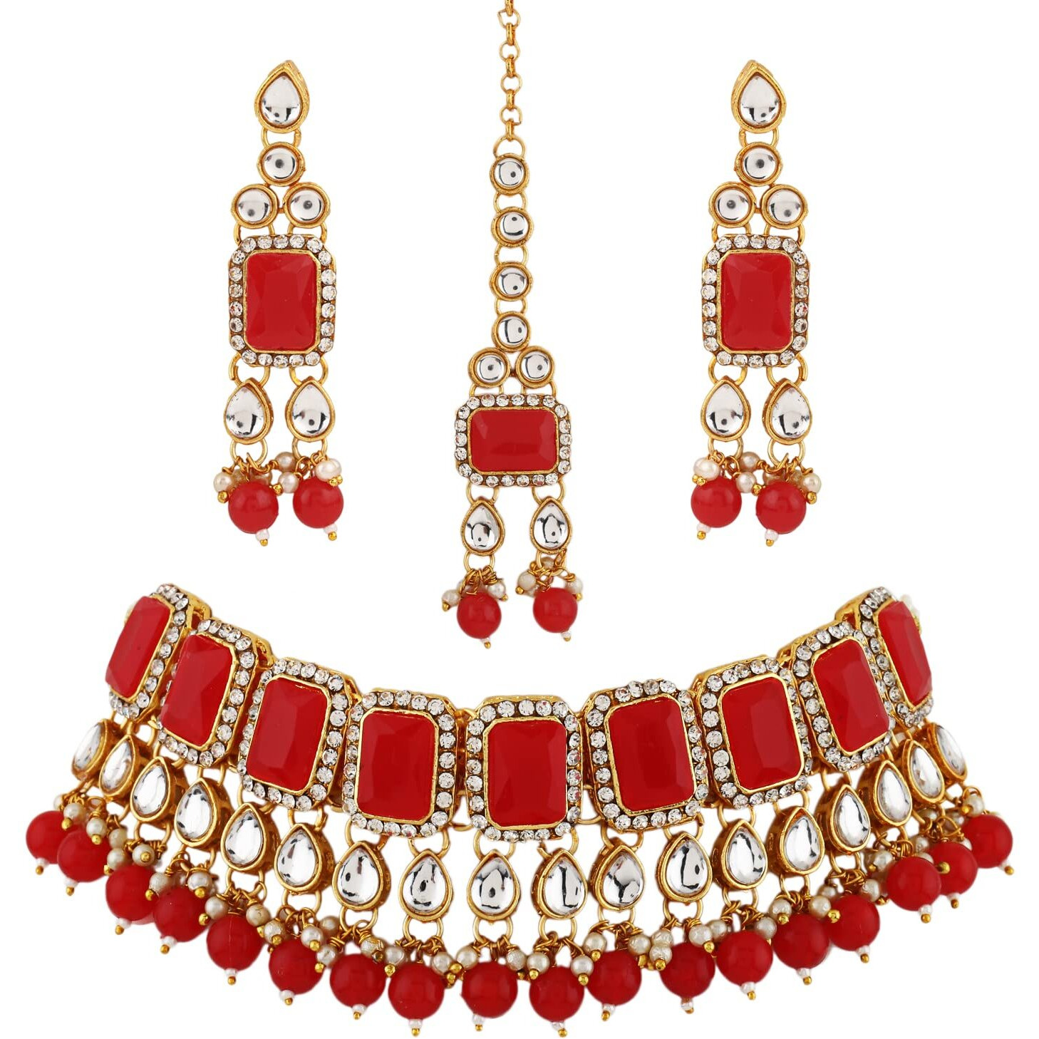 Shining Diva Fashion Latest Stylish Fancy Choker Traditional Kundan Necklace Jewellery Set for Women (12699s), Red, One
