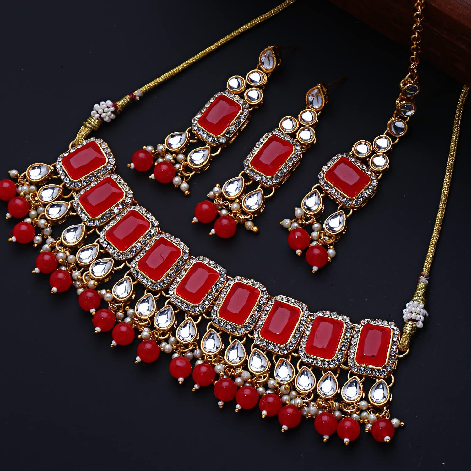 Shining Diva Fashion Latest Stylish Fancy Choker Traditional Kundan Necklace Jewellery Set for Women (12699s), Red, One