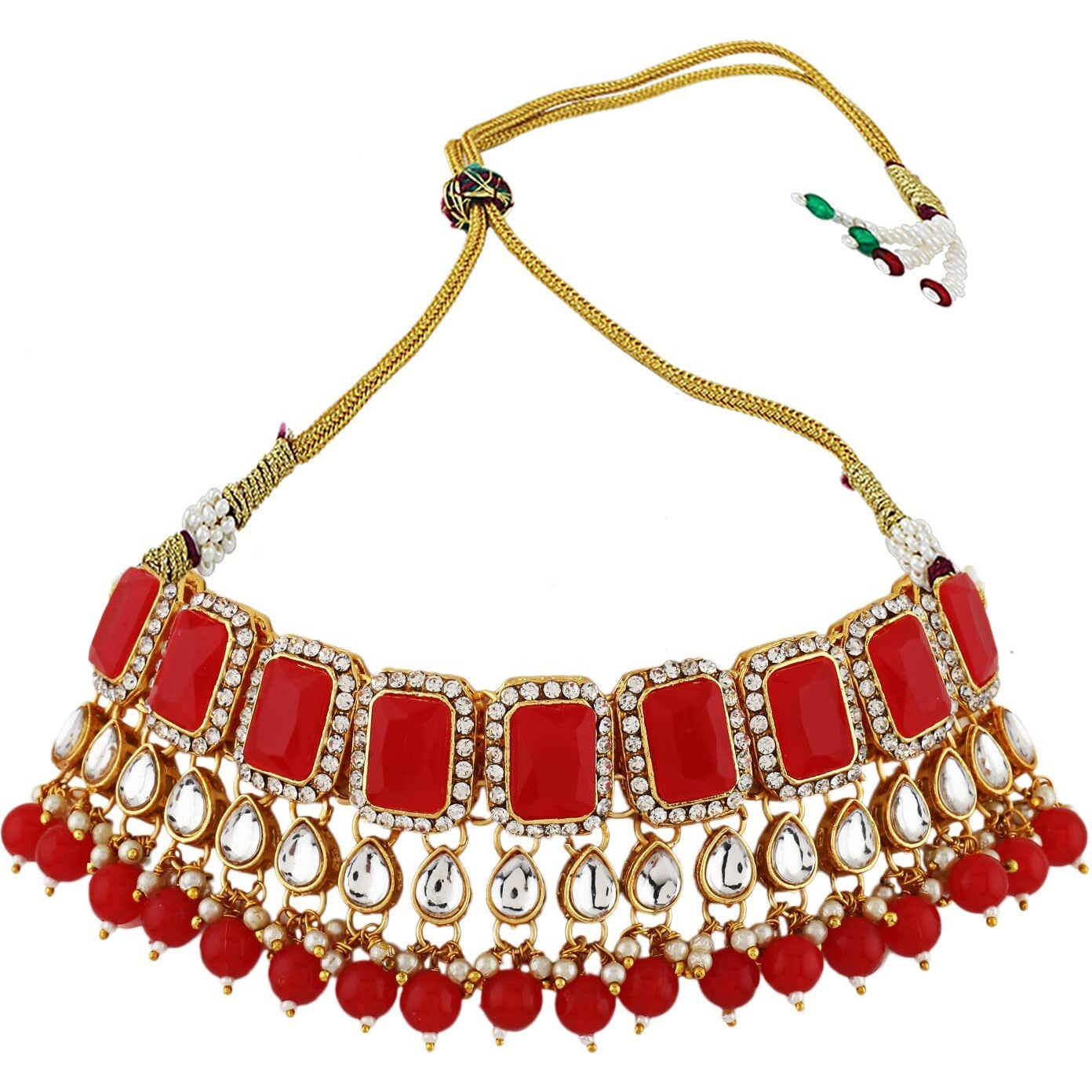 Shining Diva Fashion Latest Stylish Fancy Choker Traditional Kundan Necklace Jewellery Set for Women (12699s), Red, One