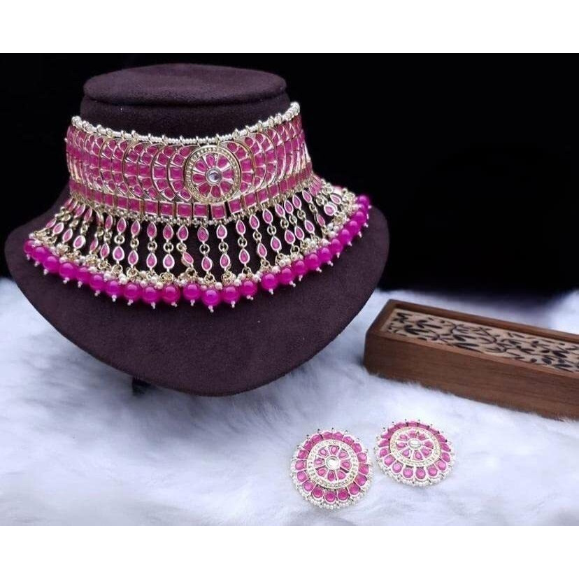 I Jewels 18K Gold Plated Traditional Kundan & Pearl Studded Choker Necklace Set For Women/Girls (K7210) (Full Rani Pink)
