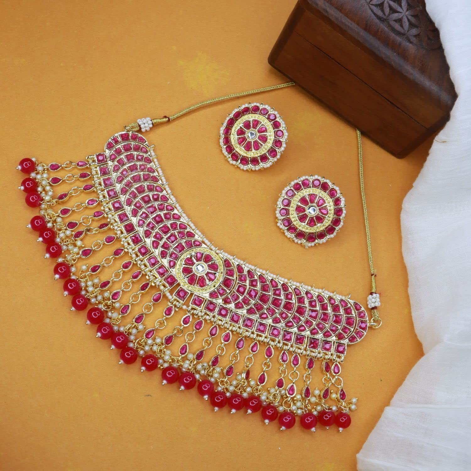 I Jewels 18K Gold Plated Traditional Kundan & Pearl Studded Choker Necklace Set For Women/Girls (K7210) (Full Rani Pink)