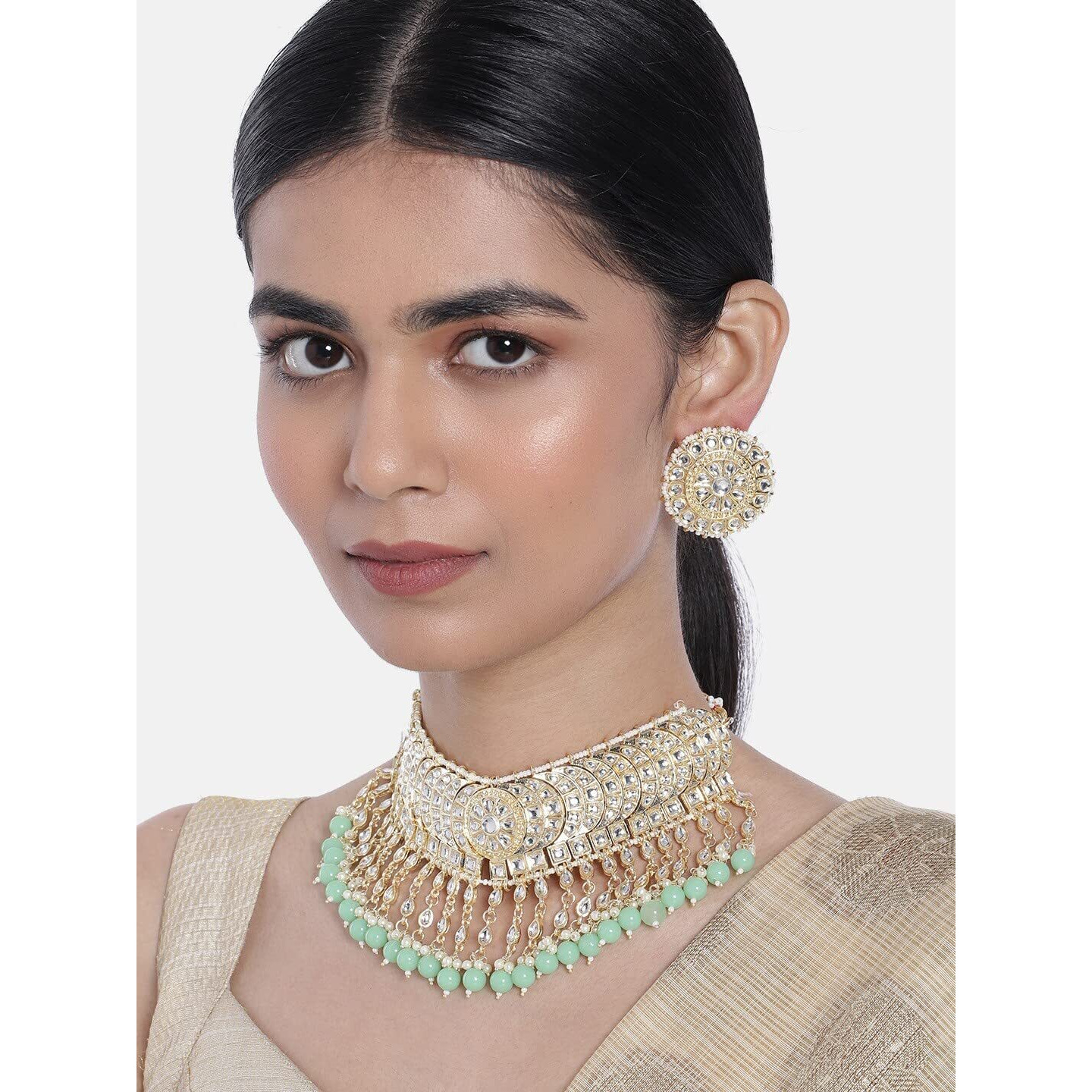 I Jewels 18K Gold Plated Traditional Kundan & Pearl Studded Choker Necklace Set For Women/Girls (K7210Min)