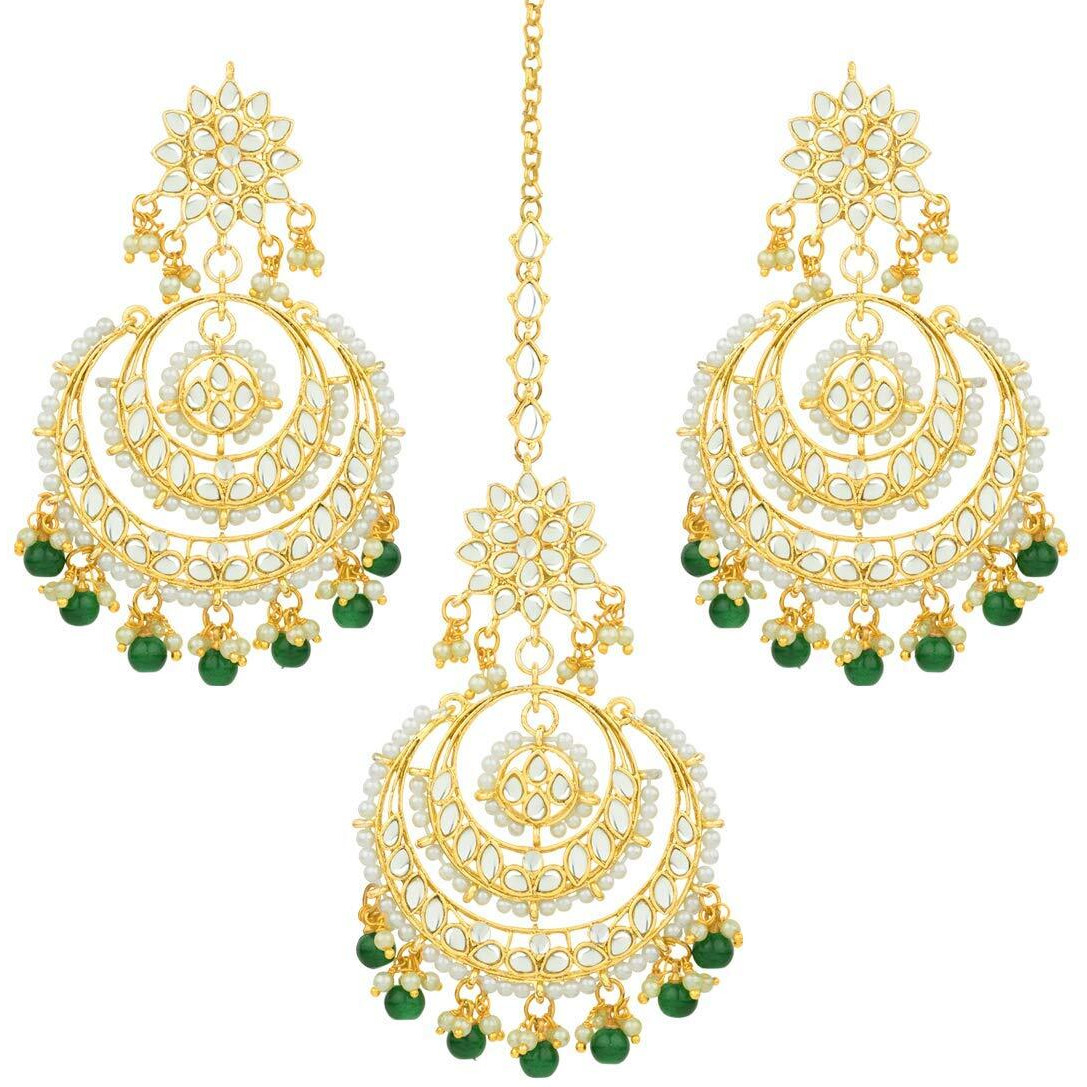 I Jewels Traditional Gold Plated Wedding Chandbali Kundan & Pearl Earring Set With Maang Tikka for Women (TE7077G)